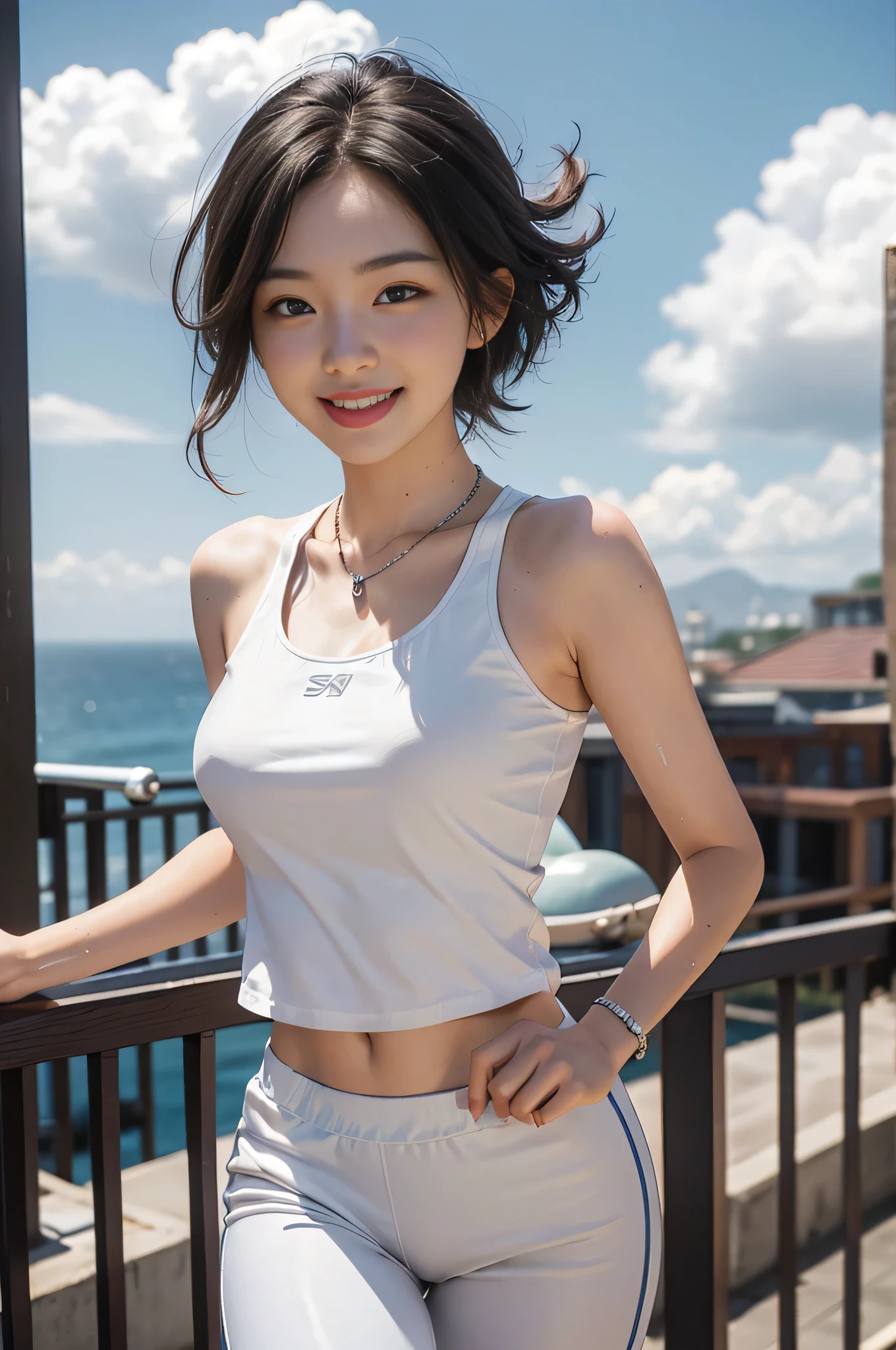 highest quality, Ultra-high resolution, masterpiece, Realistic: 1.8), pore, Accuracy, West Coast、 Tall and wide, White clouds overhead, Ample breasts、Tank top、Running pants、Silver Necklace、running、run、Sweat、be running、Pale Light, young woman, short hair、Smiling eyes、smile, Laugh out loud with your mouth open、White teeth、 Detailed Description, 23 years old、 cute,
