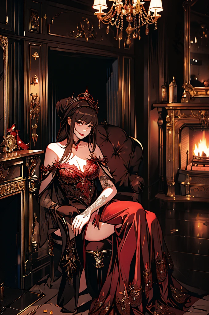 One woman、witch、((Luxurious room with fireplace))chandelier、((Crimson long dress))、Big feathered hat、Tall、Garter Stockings、Black underwear、(Sucking kissel)Fat body type ((Full body tattoos))((Highest quality))(Clear images)(Sit in a luxurious chair)Glasses、Long leather gloves、Curly Hair((Dark look))low length