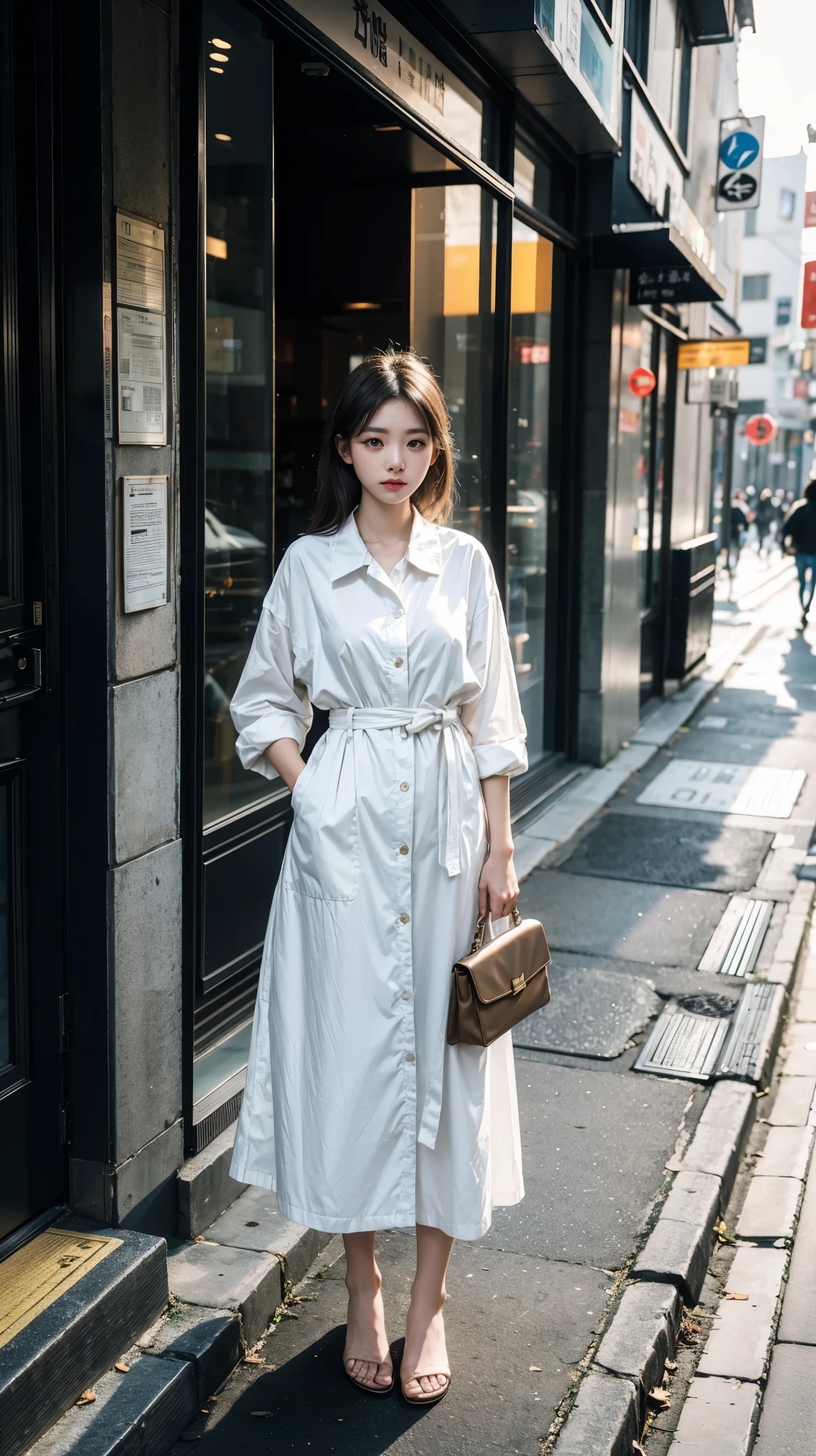 There is a woman standing on the sidewalk in a calm pose., Shot with Canon EOS R5, Shot with Canon EOS R5, she's wearing streetwear, Lopi Portrait, This photo was taken with Canon EOS 5D Mark IV.., medium shot portrait, portrait of japanese teenager, Portraits of Korean female idols, A mix of Fujifilm and animation styles