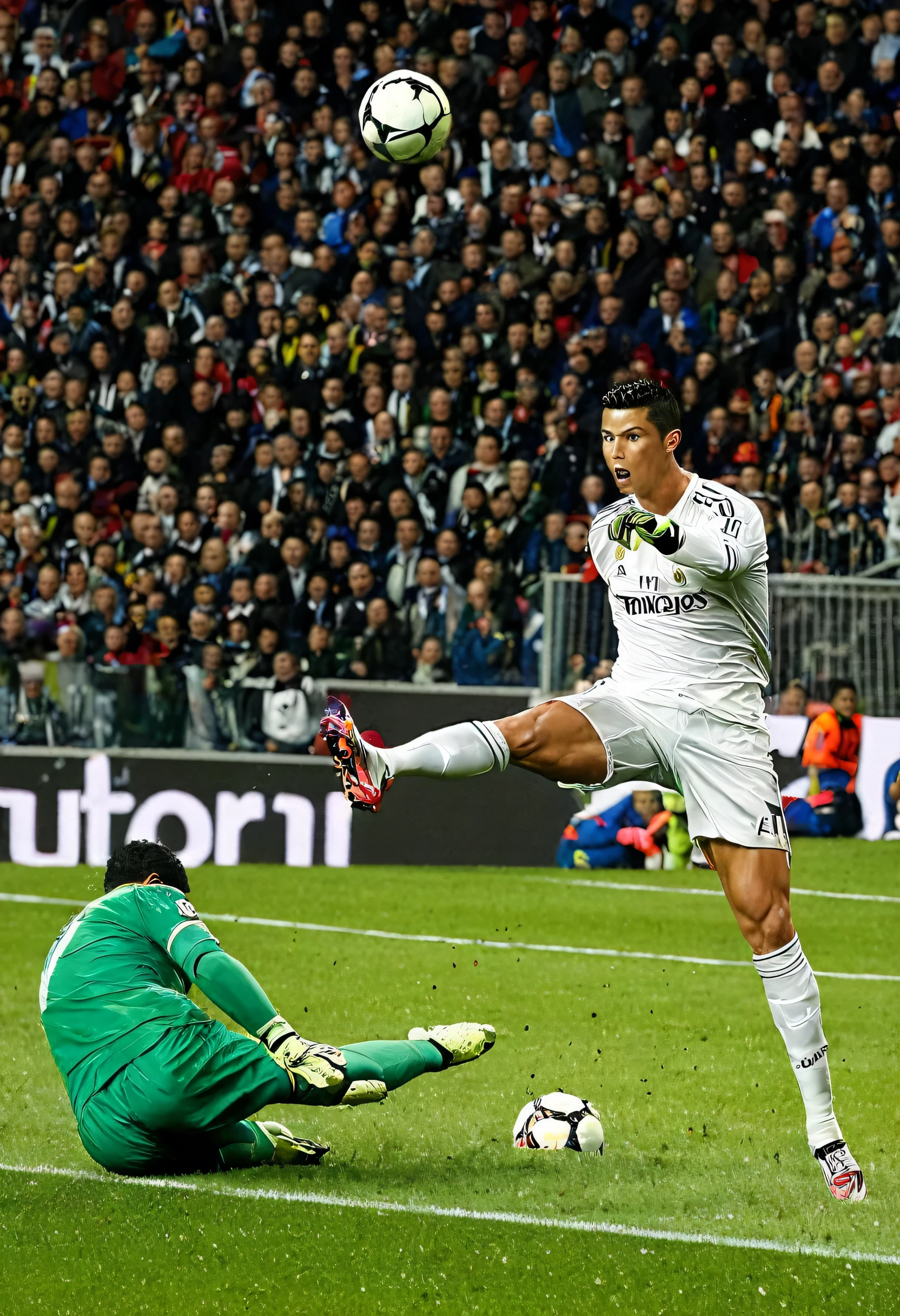 Cristiano Ronaldo takes a penalty over goalkeeper Yuri Alberto