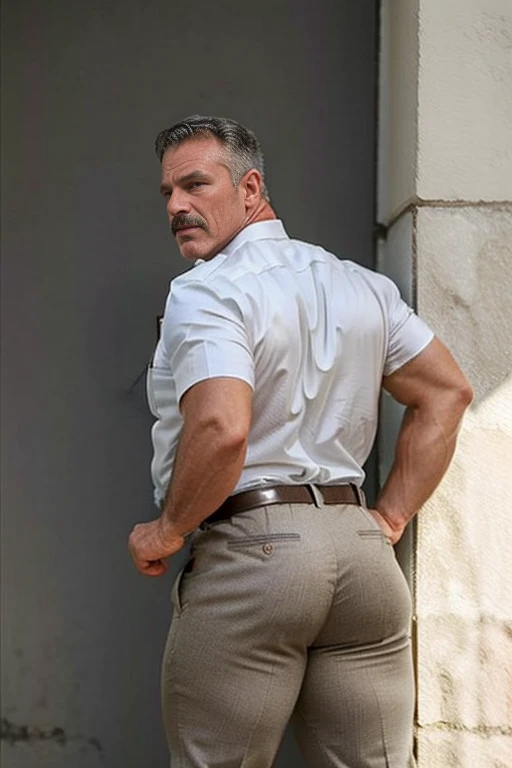 age 60, white man police detective with a mature, backside, kind demeanor, strong and muscular yet chubby build, mustache, wearing dress pants and a buttoned-open translucent shirt that reveals a hairy chest and a noticeable bulge, wearing detective badge on belt, giving off a hint of a horny yet disgusting aura, completing the look with comfortable loafers.  backside ((big butt)) wrestler backside