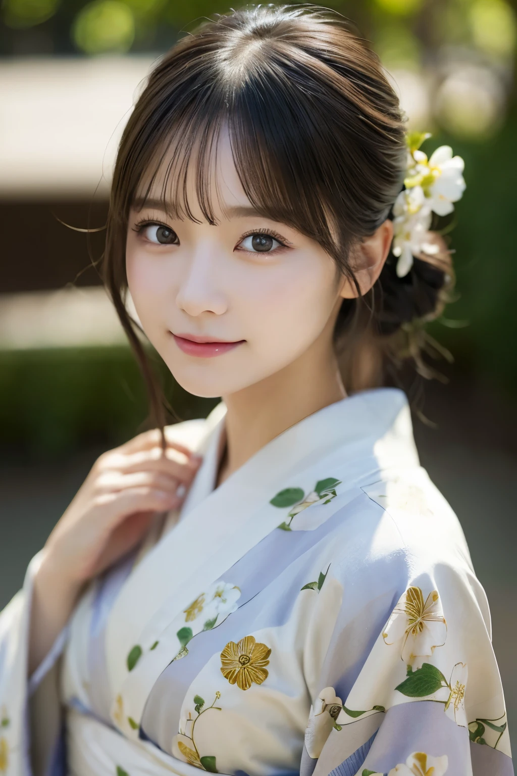 (kimono)、(highest quality、8k、High resolution、masterpiece:1.2)、Very detailed、(Realistic、photoRealistic、photo-Realistic:1.3)、Bokeh、Portraiture、smile、(Beautiful and detailed eyes、Young face、Detailed face、No makeup、A little backlight)、Depth of written boundary、chromatic aberration、Use natural light and color、Wide range of lighting、Natural Shading、Caustics