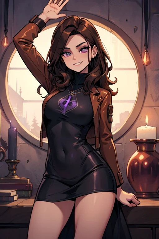 A brown haired female witch with copper eyes and an hourglass figure in a leather jacket and a t-shirt dress is waving around a purple wand with a devilish smile