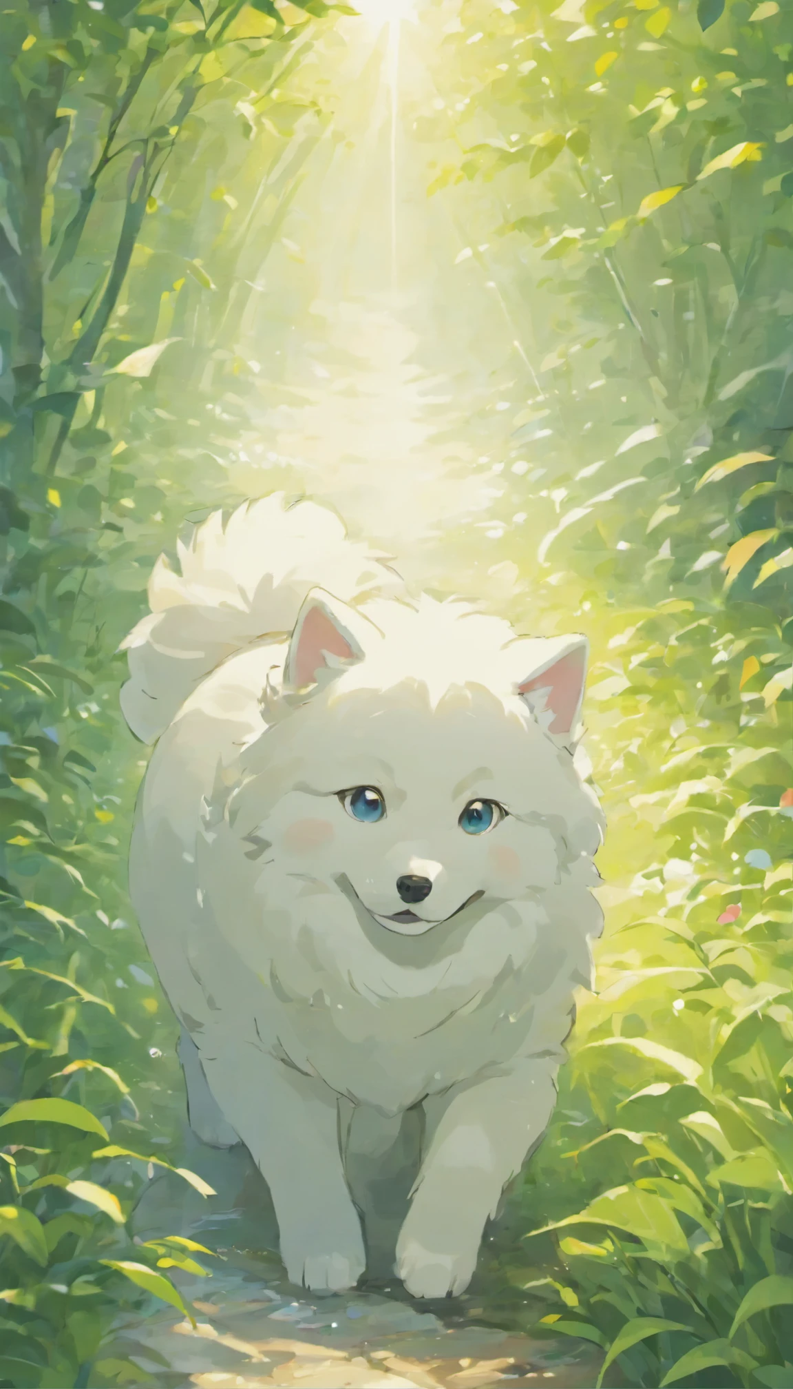 one dog,Samoyed dog,garden,Bathing in the morning sun,breathing fresh air,Refreshing scenery,Japan animated style,soft colors,Natural pose