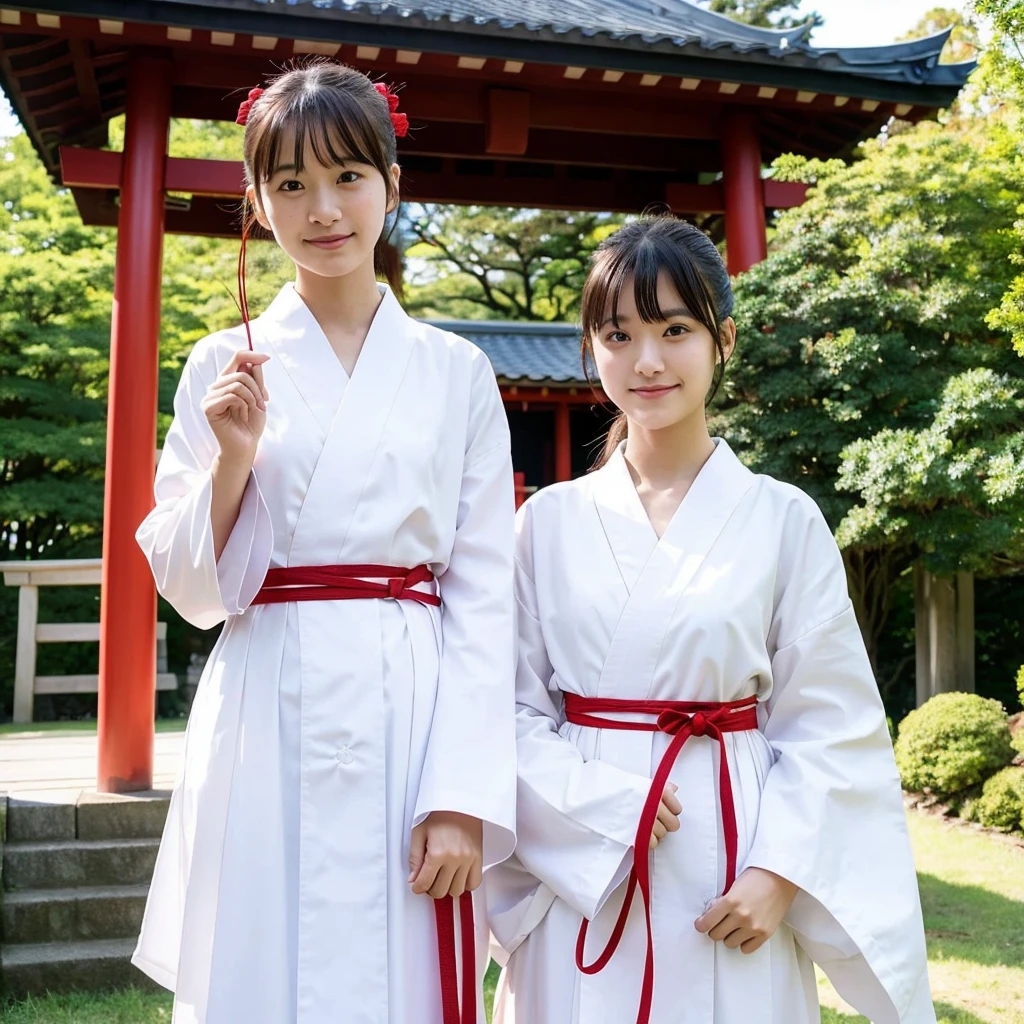 2 girls in Japanese shrine under sky,long-sleeved white hakama top and red hakama-bottom,hair accessories,18-year-old,bangs,a little smile,legs,short cut hair,low ponytail,from below,frontlighting