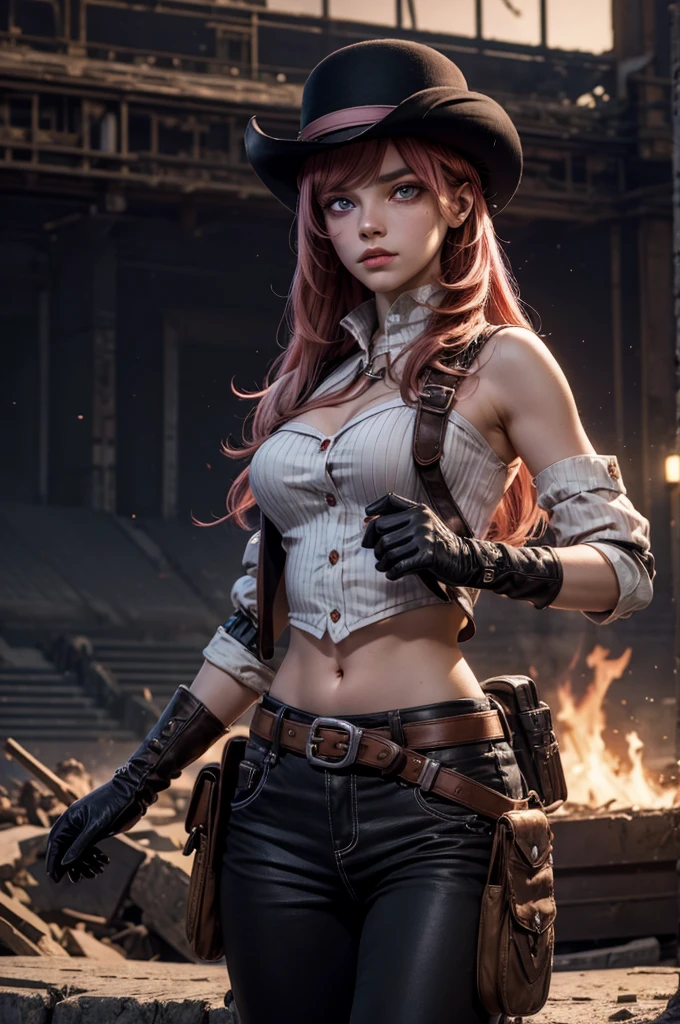 neopolitan, neopolitan, long hair, brown hair, (brown eyes:1.3), brown eyes, pink eyes, (heterochromia:1.2), two-tone hair, split-color hair, pink hair, brown hair, multicolored hair, BREAK gloves, hat, navel, detached sleeves, midriff, belt, pants, white gloves, black headwear, bowler hat, BREAK outdoors, night, stars, [[moon]], post-apocalypse, dystopian future, inside ruined stadium, broken ground, river,  (crowd in military uniforms), bonfires, BREAK looking at viewer, (cowboy shot:1.5), BREAK (masterpiece:1.2), best quality, high resolution, unity 8k wallpaper, (illustration:0.8), (beautiful detailed eyes:1.6), extremely detailed face, perfect lighting, extremely detailed CG, (perfect hands, perfect anatomy),