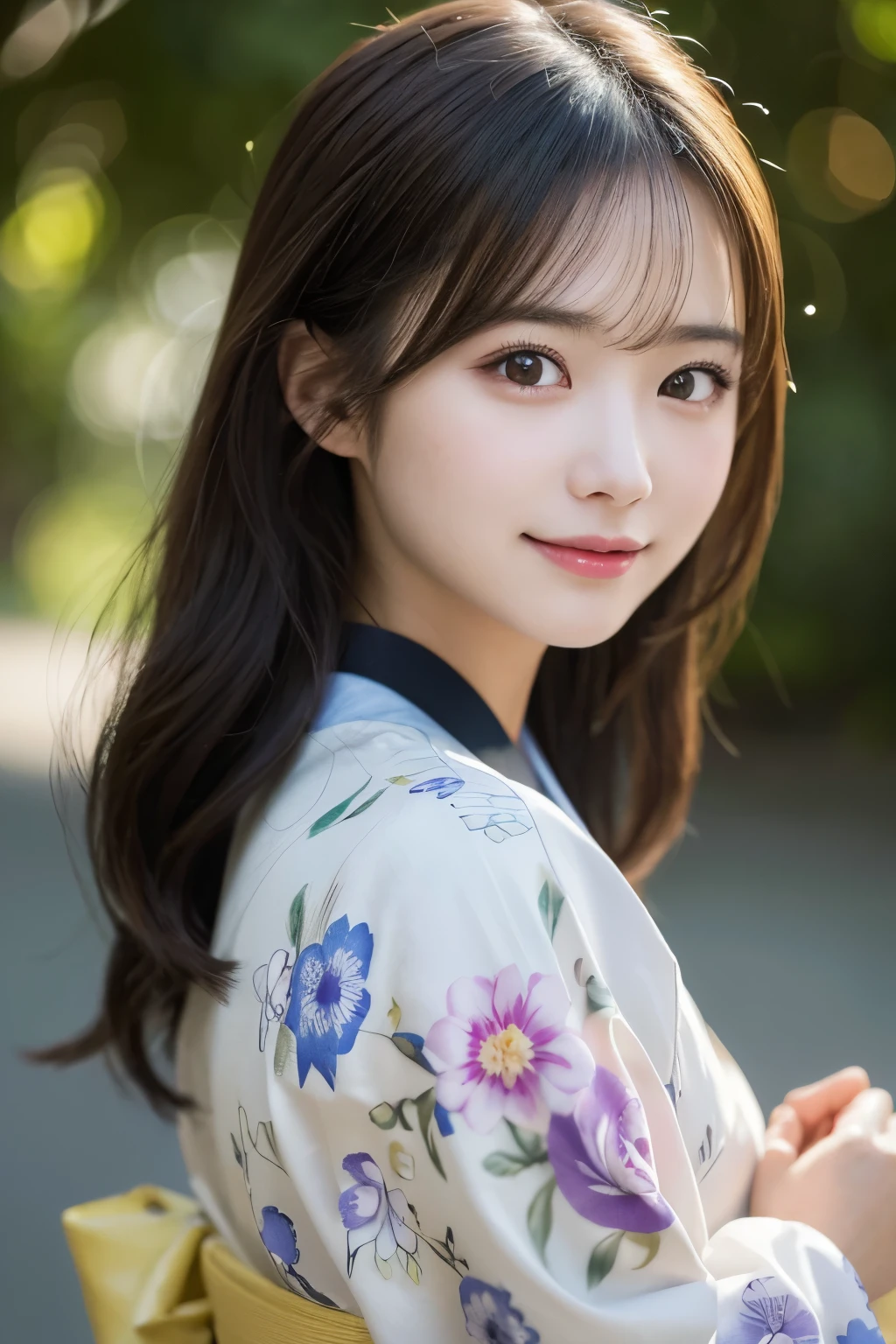 (kimono)、(highest quality、8k、High resolution、masterpiece:1.2)、Very detailed、(Realistic、photoRealistic、photo-Realistic:1.3)、Bokeh、Portraiture、smile、(Beautiful and detailed eyes、Young face、Detailed face、No makeup)、A little backlight、Depth of written boundary、chromatic aberration、Use natural light and color、Wide range of lighting、Natural Shading、Caustics