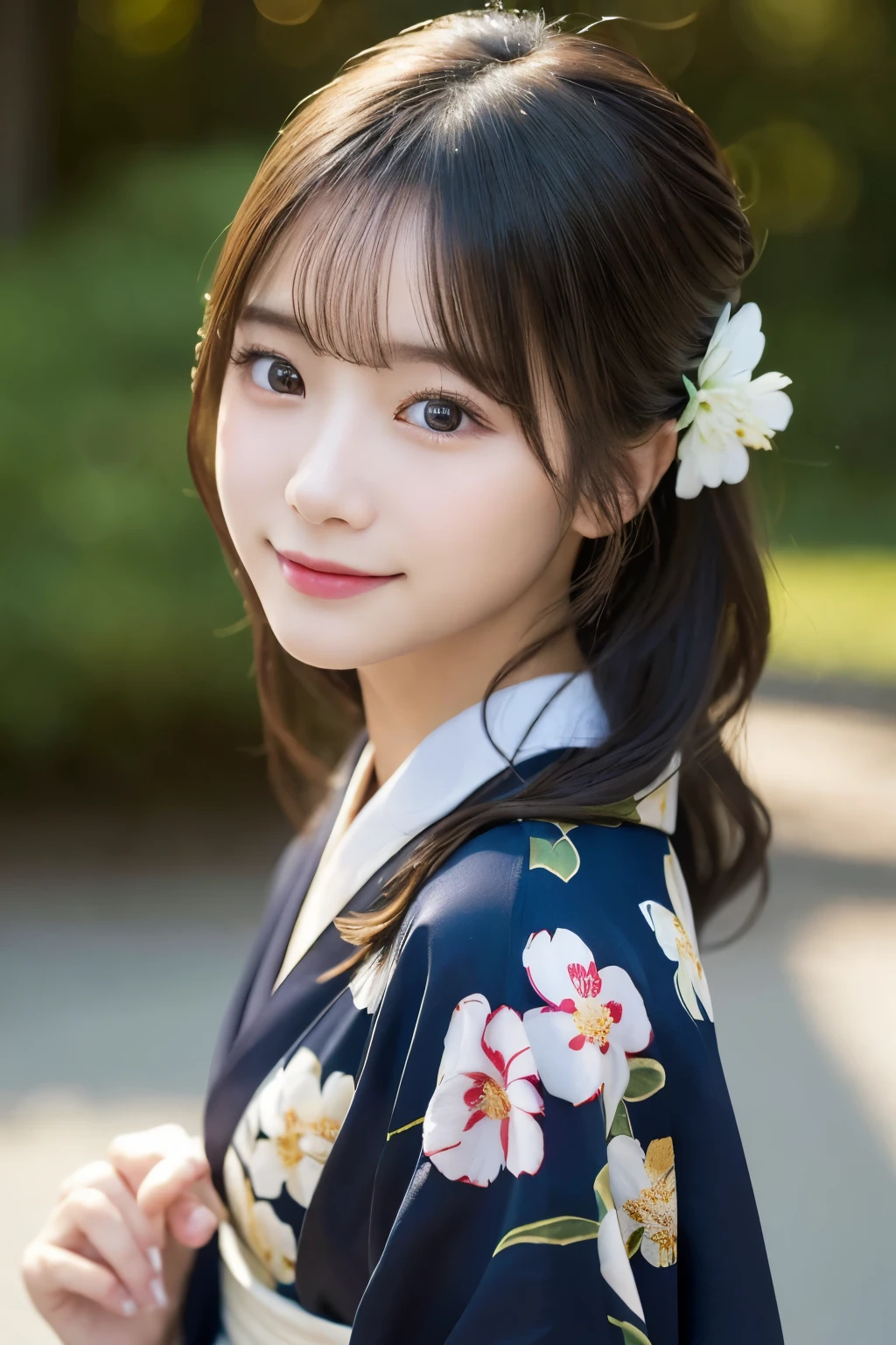 (kimono)、(highest quality、8k、High resolution、masterpiece:1.2)、Very detailed、(Realistic、photoRealistic、photo-Realistic:1.3)、Bokeh、Portraiture、smile、(Beautiful and detailed eyes、Young face、Detailed face、No makeup)、A little backlight、Depth of written boundary、chromatic aberration、Use natural light and color、Wide range of lighting、Natural Shading、Caustics
