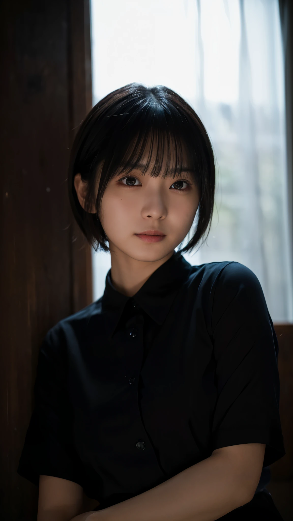 (highest quality,masterpiece:1.3,Ultra-high resolution),(Super detailed,Caustics,8k), (Photorealistic:1.4, RAW shooting),Japanese,Age 25,Rin々A funny expression,Black short hair,Black Shirt,Bust up shot,Face Focus,Face close up,Natural light,Professional Lighting