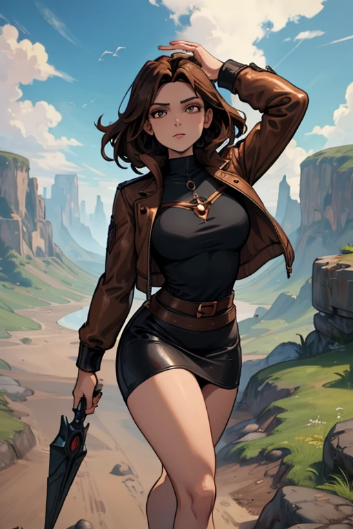 A brown haired female witch with copper eyes and an hourglass figure in a leather jacket and a t-shirt dress is running through a prehistoric landscape