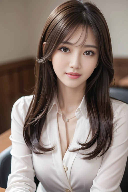 table top、highest quality、genuine、Super detailed、finely、High resolution、8k wallpaper、one beautiful woman、、、light brown disheveled hair、wearing a business suit、sharp focus、perfect dynamic composition、beautiful and detailed eyes、thin hair、Detailed genuine skin texture、smile、close-up portrait、model body shape、bangs