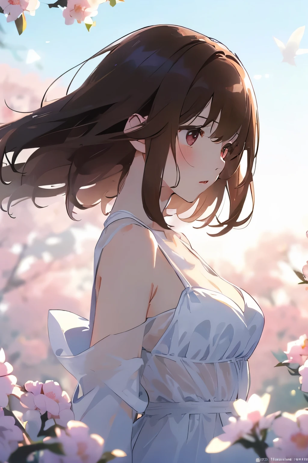 best quality, masterpiece, solo, 1 Female、Age 25、Larger breasts、(Cleavage)、(Slender figure)、sheer white dress、From the side、Poses that emphasize the chest、(White highlight in pupil:1.2)、Dark reddish brown eyes、(Black-haired:1.2)、(Medium Hair)、(View your viewers:1.2)、White skin、(blush)、(Embarrassed look)、(I blur the background a lot to make the woman stand out.:1.3)、(The sunlight shines in)、Half backlight、(Beautiful flowers in the background)、The wind is blowing 