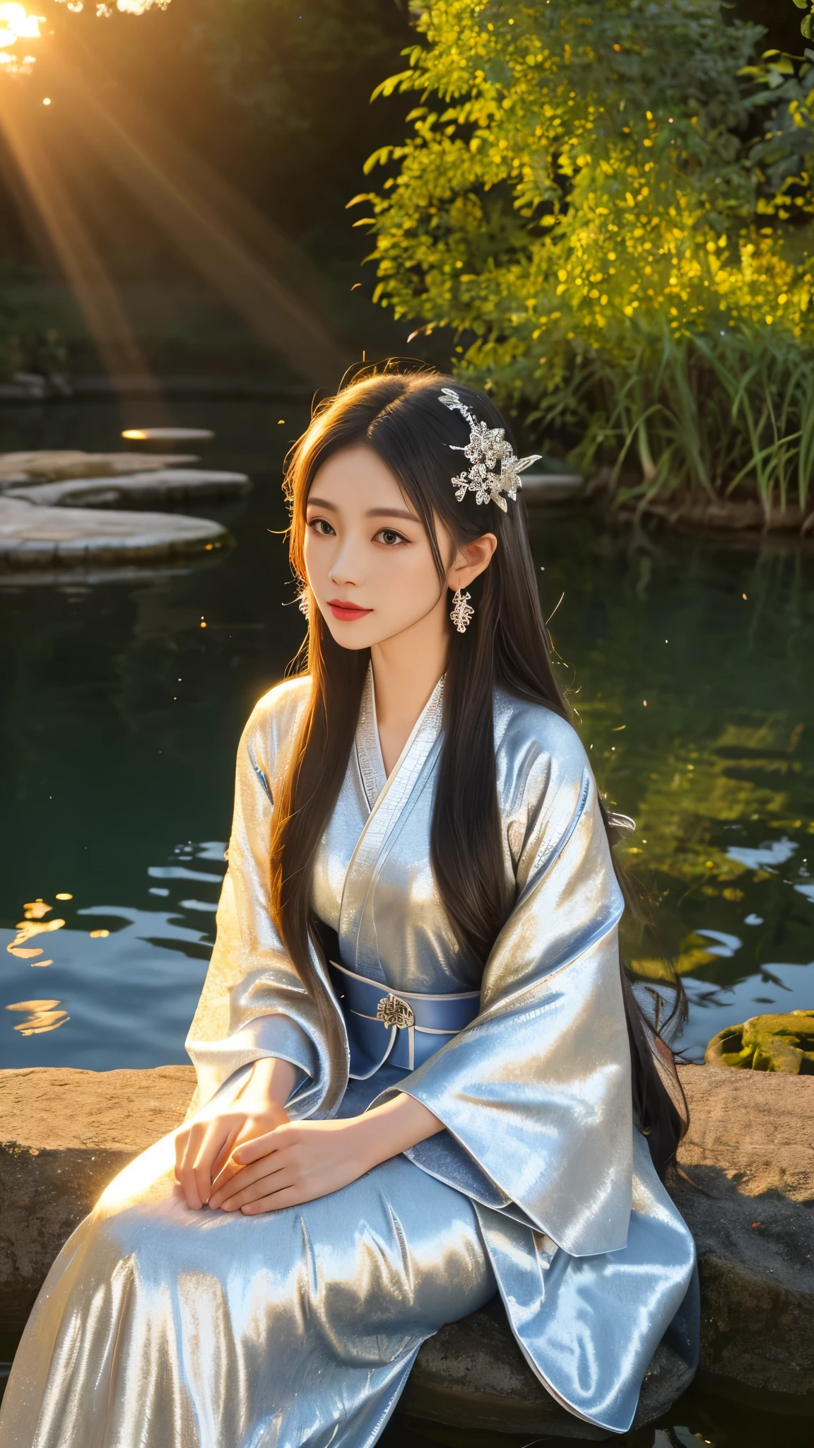 8K, UHD, masterpeiece,best quality, 1 girl, detailed face, detailed eyes, very long hair, long straight hair, small breasts, very detailed dress, kimono costume, silver costume, ((silver lace)), sardine, flowing sardine, jwellery, earring, ornaments, flower, evening, lake, water, sunset, depth of field, glowing light, god rays, reflection light, bloom, looking at viewer, sitting,
