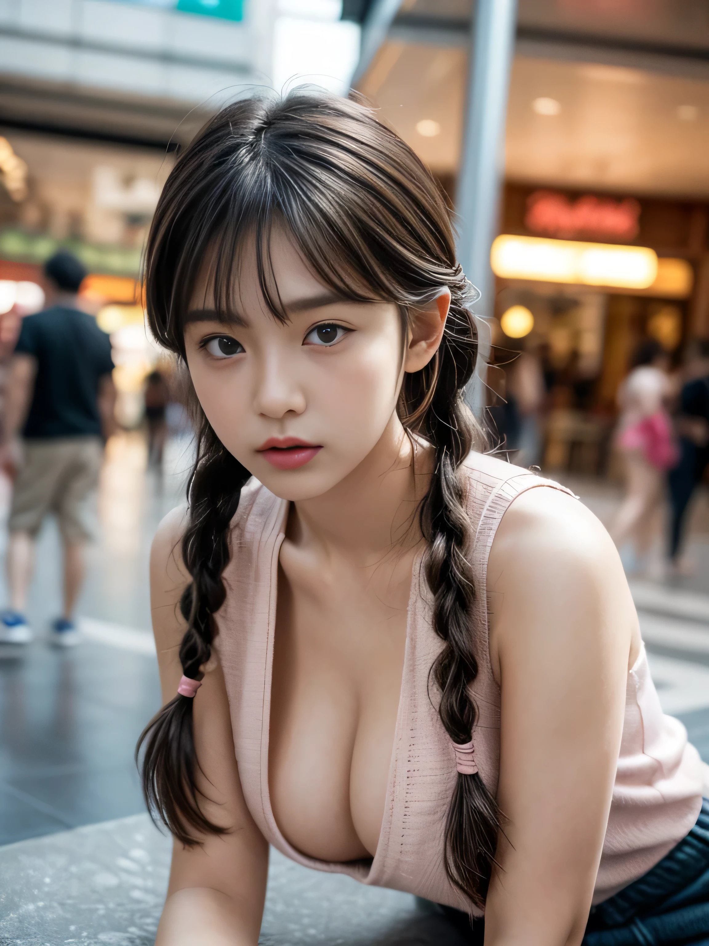 16 years old child, twin braids, bangs, wearing sexy pink vest, nude inside, big round breast, Nipple protrusio, (mouth hold:1.2), (photorealistic:1.2), (ultra realistic:1.3), (very detailed:1.1), ((masterpiece)), first person view, at Siam square, attentively.