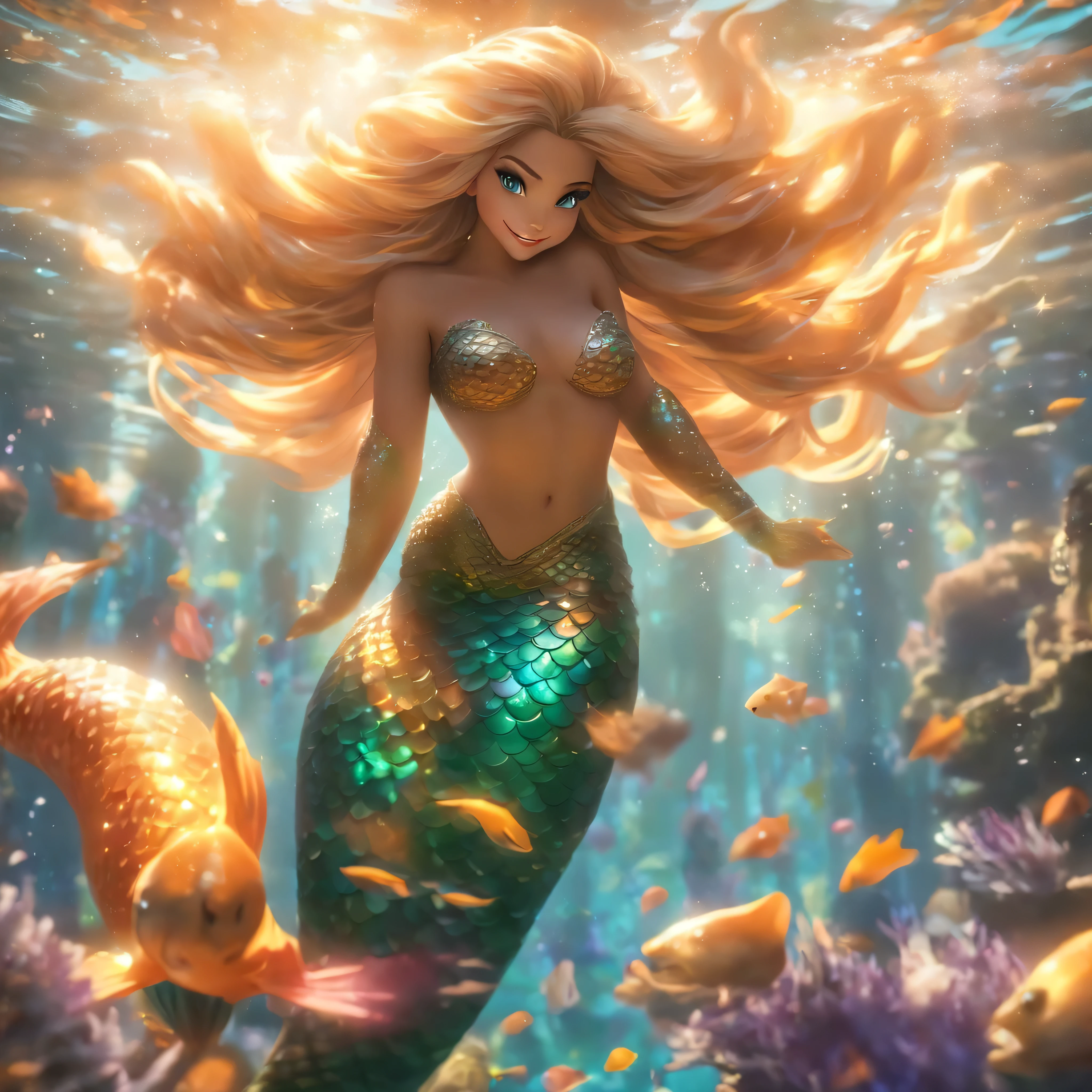 (professional photo:1.3) Fujifilm X-T3, 35mm lens ((Mermaid swims all over)) (Realistic:1.3) most beautiful artwork photo in the world,(((Blond hair))), (( Brown eyes)), brunette, Caucasians, ((long mermaid tail)), (((Detailed mermaid fins))), full body, sport, Features: Soft and shiny, ((Epic mermaid fantasy very long hair in dynamic pose, flying hair, Full tail, Fantastic location, Majestic cluttered environment)), full body, topless, 8k unity render, action shot, skin pore, heavyshading, Detailed, Detailed face, (vibrant, photograph realistic, Realistic, Dramatic, Dark, Sharp focus, 8K), (fish scales:1.4), ((((Mermaid tail)))), (Intricate:1.4), decadent, (Highly detailed:1.4), Digital painting, rendering by octane, art stations, concept-art, smooth, Sharp focus, illustration, Art germ, (loish:0.23), (Global illumination, Studio light, volumettic light), Underwater, Ocean, lotr, fantasy, mermaid, ((Sea background:1.3)),CGSesociety,art stations, surrounded by colorful robot fishes, swiming fish robots, light rays from the surface