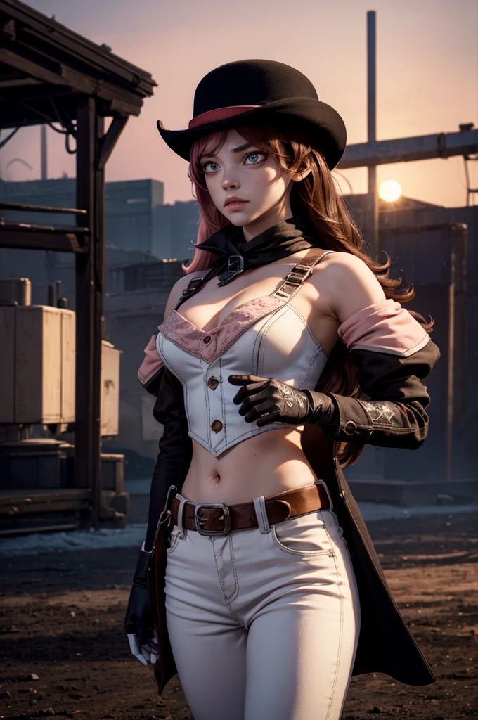 neopolitan, neopolitan, long hair, brown hair, (brown eyes:1.3), brown eyes, pink eyes, (heterochromia:1.2), two-tone hair, split-color hair, pink hair, brown hair, multicolored hair, BREAK gloves, hat, navel, detached sleeves, midriff, belt, pants, white gloves, black headwear, bowler hat, BREAK outdoors, night, stars, [[moon]], post-apocalypse, dystopian future, inside ruined stadium, broken ground, river,  (crowd in military uniforms), bonfires, BREAK looking at viewer, (cowboy shot:1.5), BREAK (masterpiece:1.2), best quality, high resolution, unity 8k wallpaper, (illustration:0.8), (beautiful detailed eyes:1.6), extremely detailed face, perfect lighting, extremely detailed CG, (perfect hands, perfect anatomy),