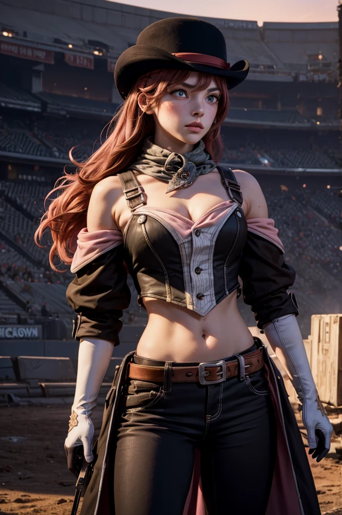 neopolitan, neopolitan, long hair, brown hair, (brown eyes:1.3), brown eyes, pink eyes, (heterochromia:1.2), two-tone hair, split-color hair, pink hair, brown hair, multicolored hair, BREAK gloves, hat, navel, detached sleeves, midriff, belt, pants, white gloves, black headwear, bowler hat, BREAK outdoors, night, stars, [[moon]], post-apocalypse, dystopian future, inside ruined stadium, broken ground, river,  (crowd in military uniforms), bonfires, BREAK looking at viewer, (cowboy shot:1.5), BREAK (masterpiece:1.2), best quality, high resolution, unity 8k wallpaper, (illustration:0.8), (beautiful detailed eyes:1.6), extremely detailed face, perfect lighting, extremely detailed CG, (perfect hands, perfect anatomy),