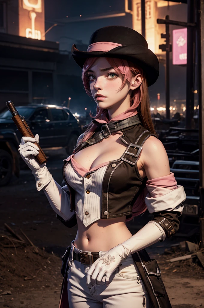 neopolitan, neopolitan, long hair, brown hair, (brown eyes:1.3), brown eyes, pink eyes, (heterochromia:1.2), two-tone hair, split-color hair, pink hair, brown hair, multicolored hair, BREAK gloves, hat, navel, detached sleeves, midriff, belt, pants, white gloves, black headwear, bowler hat, BREAK outdoors, night, stars, [[moon]], post-apocalypse, dystopian future, inside ruined stadium, broken ground, river,  (crowd in military uniforms), bonfires, BREAK looking at viewer, (cowboy shot:1.5), BREAK (masterpiece:1.2), best quality, high resolution, unity 8k wallpaper, (illustration:0.8), (beautiful detailed eyes:1.6), extremely detailed face, perfect lighting, extremely detailed CG, (perfect hands, perfect anatomy),