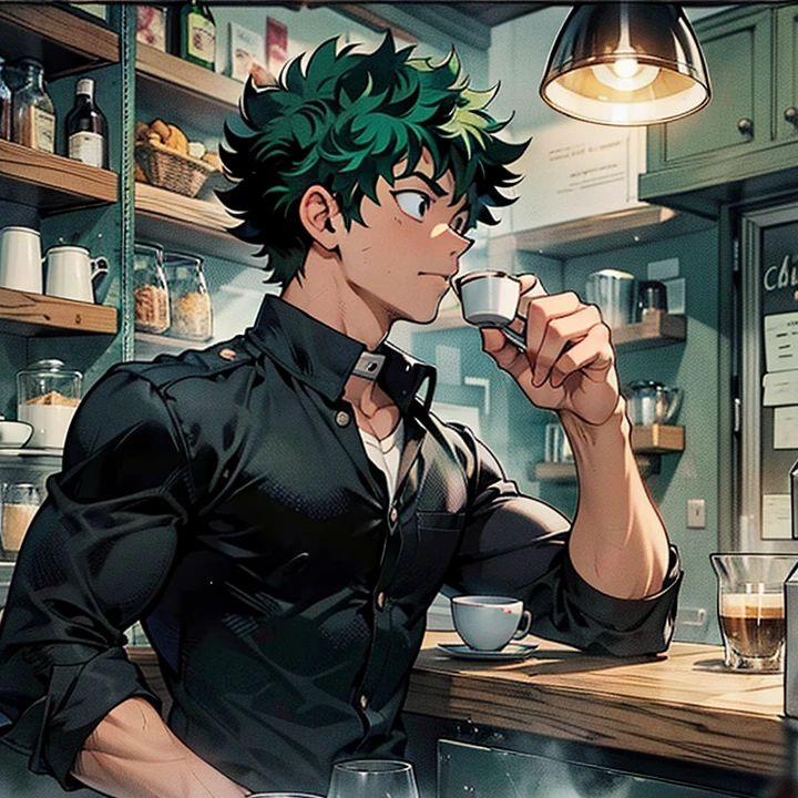 Strong adult version of Izuku Midoriya, sostiene una taza de cafe caliente con su mano derecha. Mientras observa con calma hacia la cuarta pared, sentado en el comedor