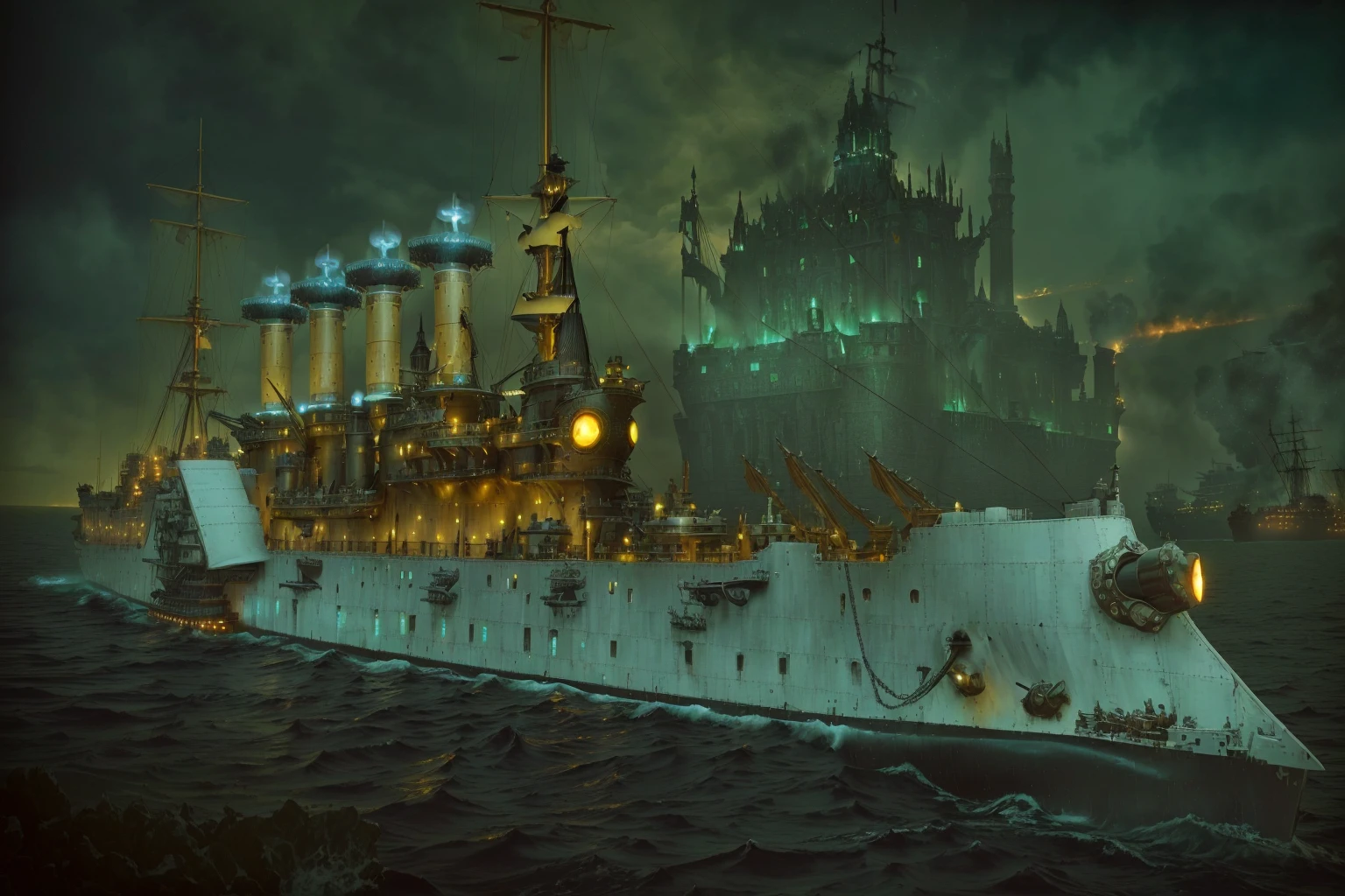 there is a large ship in the water, and in the background there is a castle, Viking battleship in mysterious style, setting diesel panka, Steampunk submarine!, gothic ship on ocean, The steampunk world of spikes, Victorian fire ship, very distant royal castle in steampunk style, 3d rendered steampunk, Green steampunk lasers, pirate ships during the war at night, Warships, Atmosphere dieselpanka