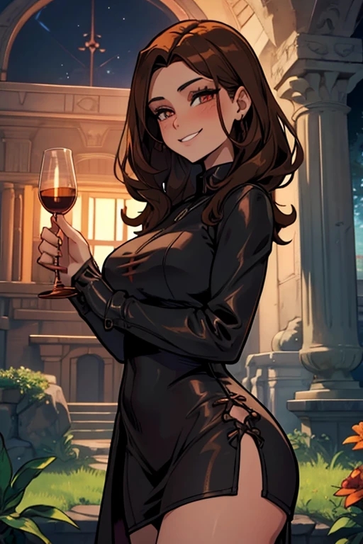 A brown haired female witch with copper eyes and an hourglass figure in a leather jacket and a t-shirt dress is smiling and blushing in gothic garden at night
