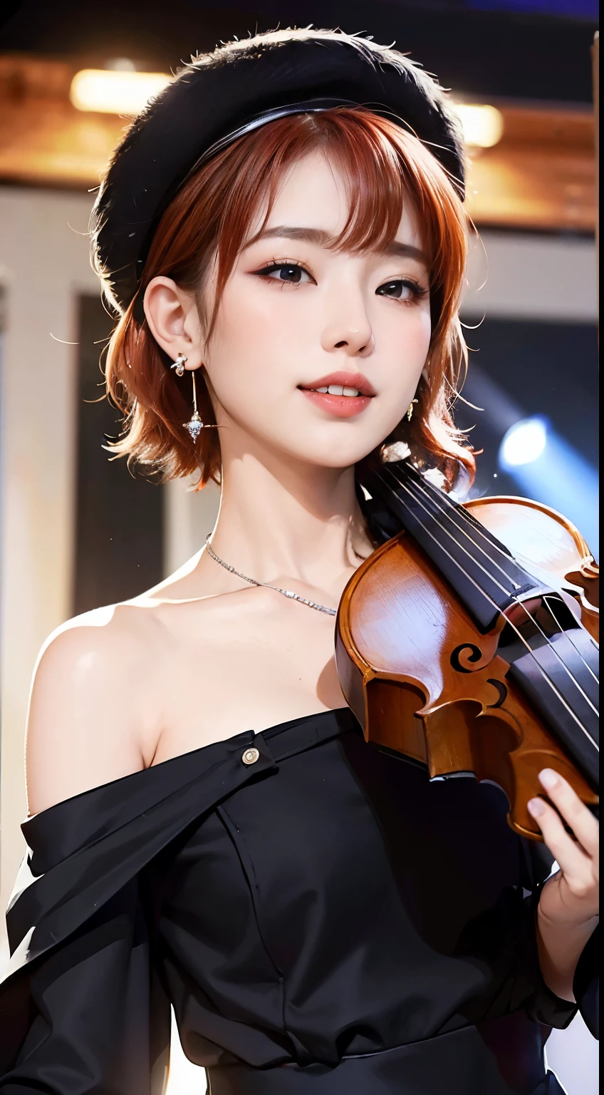 (masterpiece:1.3), (bright skin:1.3), Best Quality, Photorealistic, Ultra-detailed, Finely detailed, High resolution, 8K Wallpaper), 1 beautiful girl, Band Group Vocals, girl with tattoos, John shouted, Tattooed, she is wearing a blackoff shoulder dress, playing a song on the violin,  Stand Microphone, Mouth open, Beautiful face, Detailed face, Beautiful gray eyes, Detailed eyes, Looks fun、Smiling, earrings, Necklace, Detailed violin, (wooden violin with strings), wearing black beret on the head, short red hair, bangs, on a stage, Spotlight, Look at the viewer tattoos and piercings, ((RED HAIR))