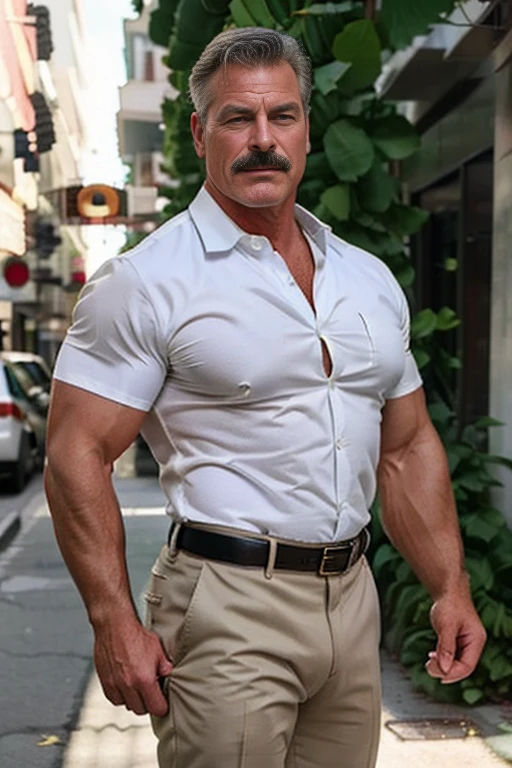 age 60, white man police detective with a mature, backside, kind demeanor, strong and muscular yet chubby build, mustache, wearing dress pants and a buttoned-open translucent shirt that reveals a hairy chest and a noticeable bulge, wearing detective badge on belt, giving off a hint of a horny yet disgusting aura, completing the look with comfortable loafers.   