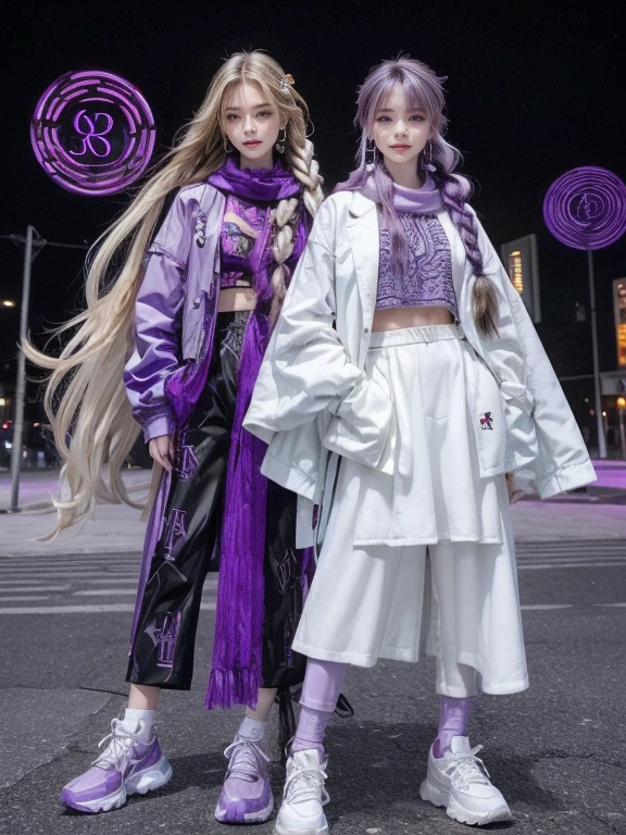 highest quality, Very detailed, masterpiece, Two women posing,(((Perfect female body))),Very beautiful face, Very beautiful body,Gentle expression, Very beautiful eyes,(Perfect Makeup:1.1),Fashion Model,Cyberpunk Fashion,Curly Hair,Shaggy Hair, (Floating in the wind,Very long braided hair dyed white and purple: 1.5),Pink and blue gradient:1.3, very thin body,Smart Abs,(Monogram pattern:1.3),Tech See-Through Blazer,Monogram patternロングレングススカート,anklet,Tech High Top Sneakers,A kind smile,Full body portrait,(Night in Cyber City), (Shiny skin),(Earrings),Long scarf with elegant pattern,Neon long shawl,Digital Feather,