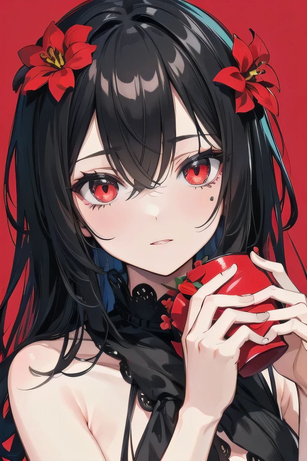 Ultra detailed face, Shaggy Hair, Black Hair, One naked girl, Pleasure, little red flowers