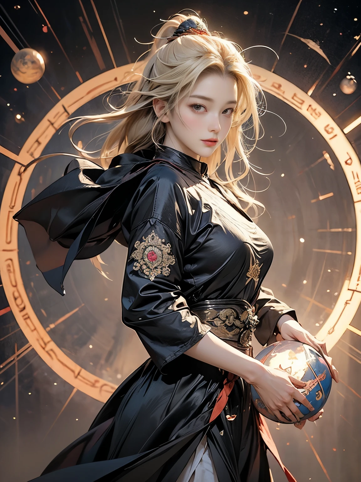 Zerg Queen Beautiful Girl: Ranlinger, 18 years old, emperor, Messy Hair, oil, Romanticism painting, beautiful Perfect Face, Soft Skin, Perfect Face, Yasutomo Oka's painting style, Big Breasts, Add light purple and purple, Add Light Red, Intricate details, Splash screen, 8K resolution, masterpiece, Serious, Space, (mysterious magic circle background, Buddhist Mandala:1.3), Colorful background, aura, Sharp Eyes, Break, Blonde, dynamic sexy poses, sweat, Strong winds, Mr.々Light source, Colorful light, Crystal Jade, Celestial globe, Four Holy Beasts, constellation, cristal ball, (Followed by a lion:1.2)