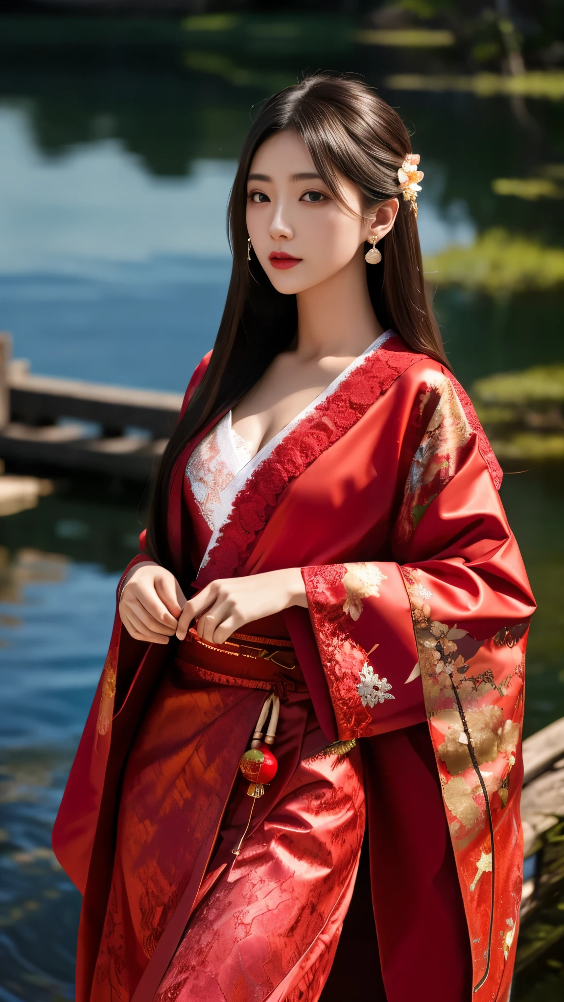 8K, UHD, masterpeiece,best quality, 1 girl, detailed face, detailed eyes, very long hair, long straight hair, small breasts, very detailed dress, kimono costume, red costume, ((red lace)), sardine, flowing sardine, jwellery, earring, ornaments, flower, evening, lake, water, sunset, depth of field, glowing light, god rays, reflection light, bloom, looking at viewer,