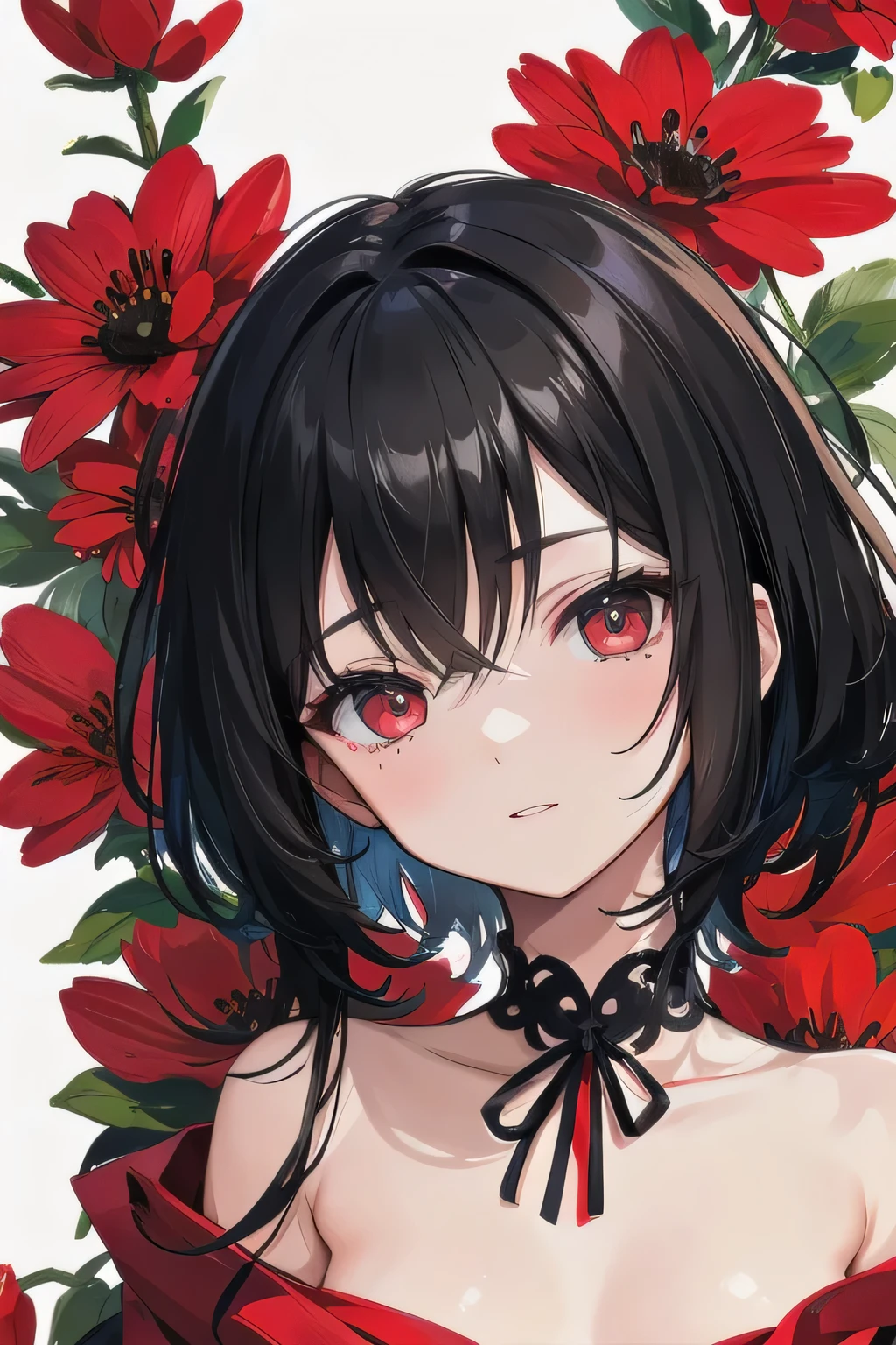 Ultra detailed face, Shaggy Hair, Black Hair, One naked girl, Pleasure, little red flowers