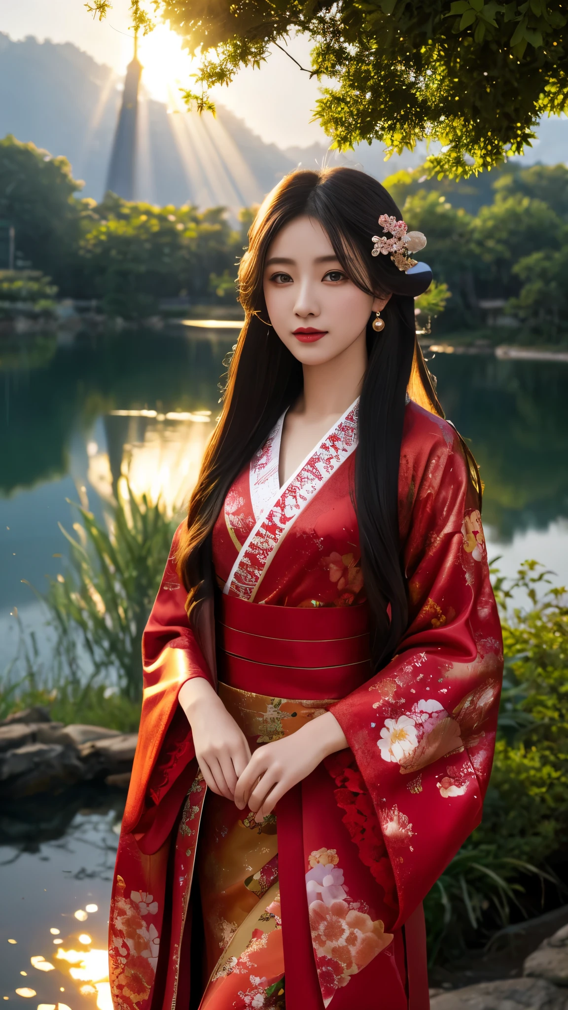 8K, UHD, masterpeiece,best quality, 1 girl, detailed face, detailed eyes, very long hair, long straight hair, small breasts, very detailed dress, kimono costume, red costume, ((red lace)), sardine, flowing sardine, jwellery, earring, ornaments, flower, evening, lake, water, sunset, depth of field, glowing light, god rays, reflection light, bloom, looking at viewer,