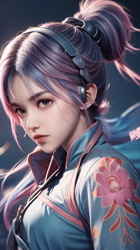 Ninja woman with peace headphones, Bright eyes have stars, pretty face, RGB Kernel, Bright pink hair, Colorful anime, Bright background, Youku video banner, Happy girl, Cloud with RGB cores, Bright RGB Kernel, fully, immortal, Gamer girl with a sword in her hand, bank.