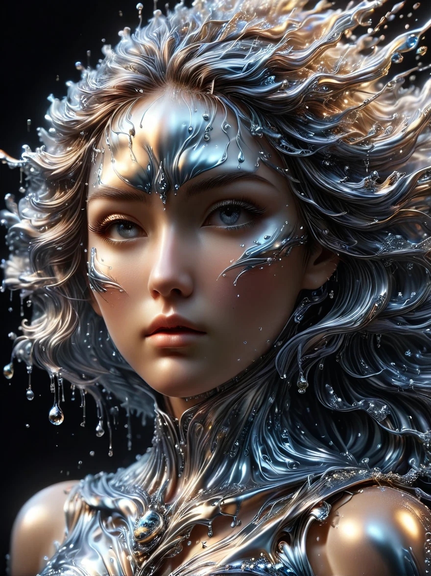 1girl, (Made of liquid metal:1.5)，Metal water droplets，Dripping，液态Metal Rain滴，下液态Metal Rain，Metal Rain，美丽detailed的眼睛，美丽detailed的嘴唇，极其detailed的眼睛和脸，Long eyelashes，Flowing metal,Metallic luster，Reflective surface，Dynamic poses，戏剧性light，Dark background，The art of math，Concept Art，light，戏剧性light，3D Rendering，Hyperrealism，detailed，metallic feel，Luminescence，柔和light，Dynamic composition，Dramatic composition，(Best quality，8k，high resolution，masterpiece:1.2)，超detailed，(Reality, 1.4 times more realism), 戏剧性light，Physically Based Rendering，(Extremely detailed description)，Super Fine，major，Vibrant colors，blur background