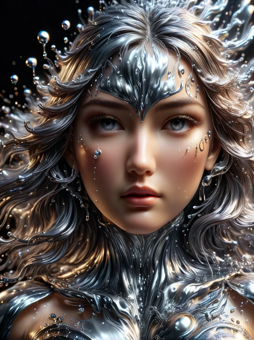 1girl, (Made of liquid metal:1.5)，Metal water droplets，Dripping，液态Metal Rain滴，下液态Metal Rain，Metal Rain，美丽detailed的眼睛，美丽detailed的嘴唇，极其detailed的眼睛和脸，Long eyelashes，Flowing metal,Metallic luster，Reflective surface，Dynamic poses，戏剧性light，Dark background，The art of math，Concept Art，light，戏剧性light，3D Rendering，Hyperrealism，detailed，metallic feel，Luminescence，柔和light，Dynamic composition，Dramatic composition，(Best quality，8k，high resolution，masterpiece:1.2)，超detailed，(Reality, 1.4 times more realism), 戏剧性light，Physically Based Rendering，(Extremely detailed description)，Super Fine，major，Vibrant colors，blur background