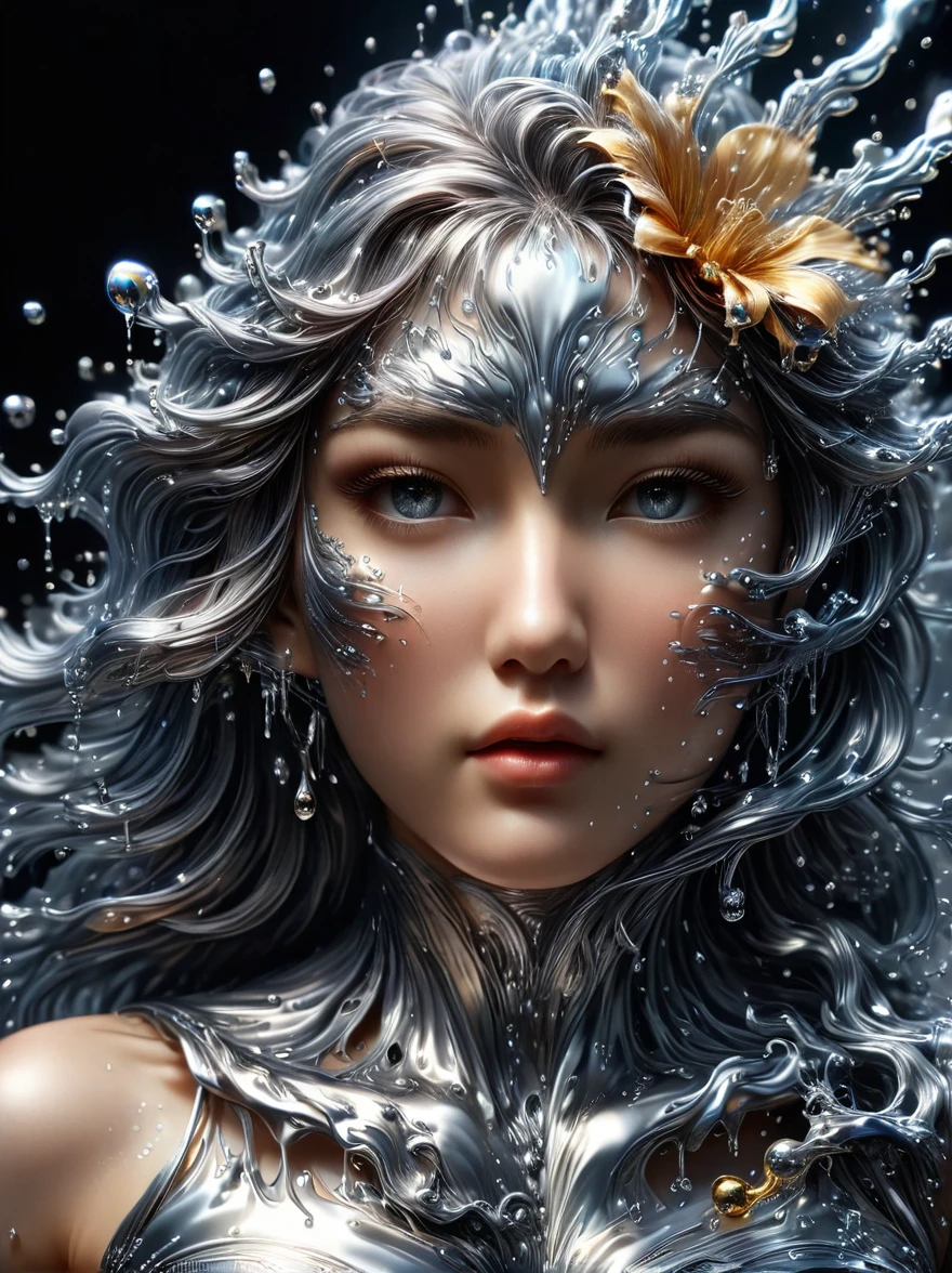 1girl, (Made of liquid metal:1.5)，Metal water droplets，Dripping，液态Metal Rain滴，下液态Metal Rain，Metal Rain，美丽detailed的眼睛，美丽detailed的嘴唇，极其detailed的眼睛和脸，Long eyelashes，Flowing metal,Metallic luster，Reflective surface，Dynamic poses，戏剧性light，Dark background，The art of math，Concept Art，light，戏剧性light，3D Rendering，Hyperrealism，detailed，metallic feel，Luminescence，柔和light，Dynamic composition，Dramatic composition，(Best quality，8k，high resolution，masterpiece:1.2)，超detailed，(Reality, 1.4 times more realism), 戏剧性light，Physically Based Rendering，(Extremely detailed description)，Super Fine，major，Vibrant colors，blur background