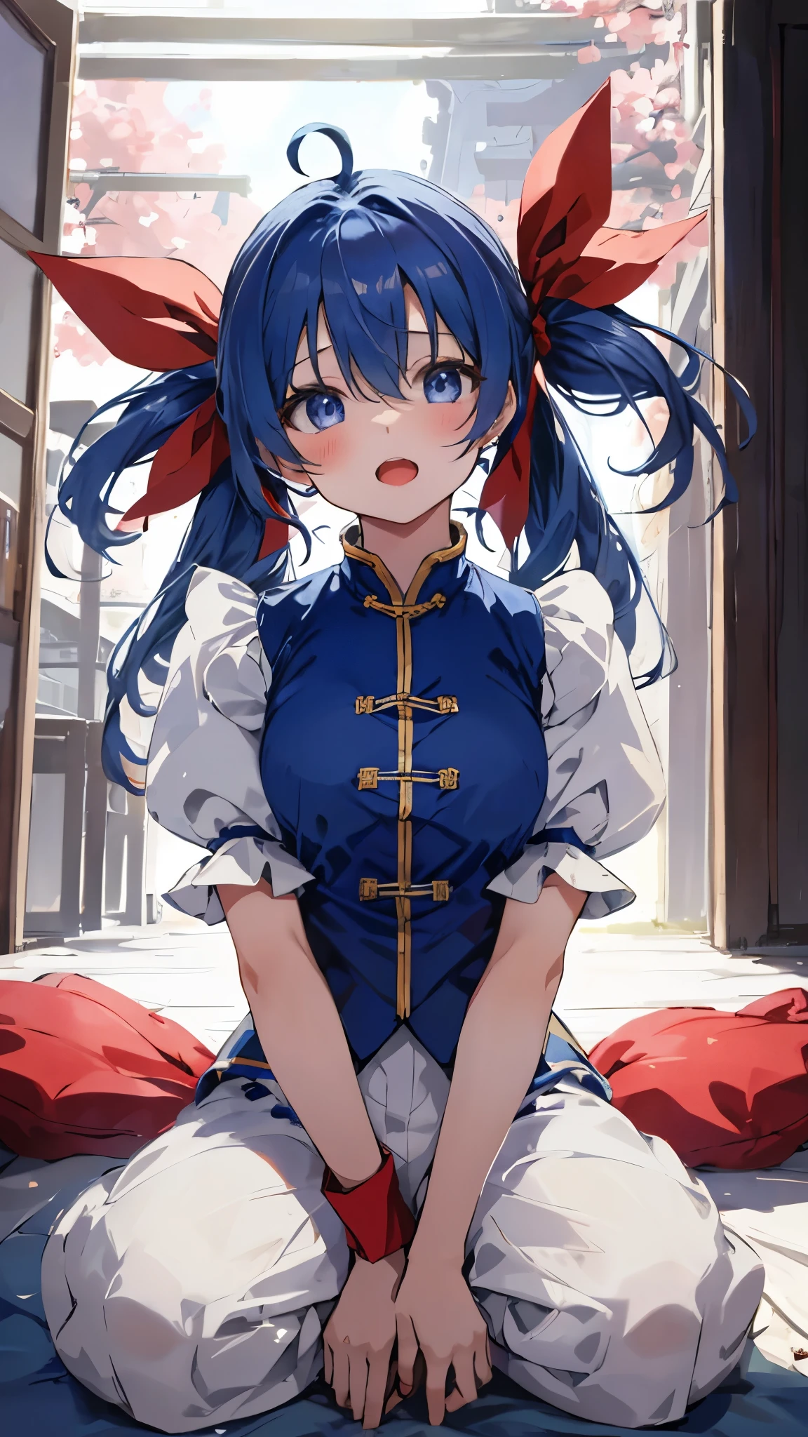 masterpiece, best quality,1girl, solo, twintails, blue eyes, blue hair, puffy sleeves, puffy short sleeves, hair ribbon, chinese clothes, long hair, ribbon, low twintails, short sleeves, kneeling, pants, ahoge, red ribbon, wristband, frills, aura,(woman on top,cowgirl position),blush,orgasm,open mouth,(pov)