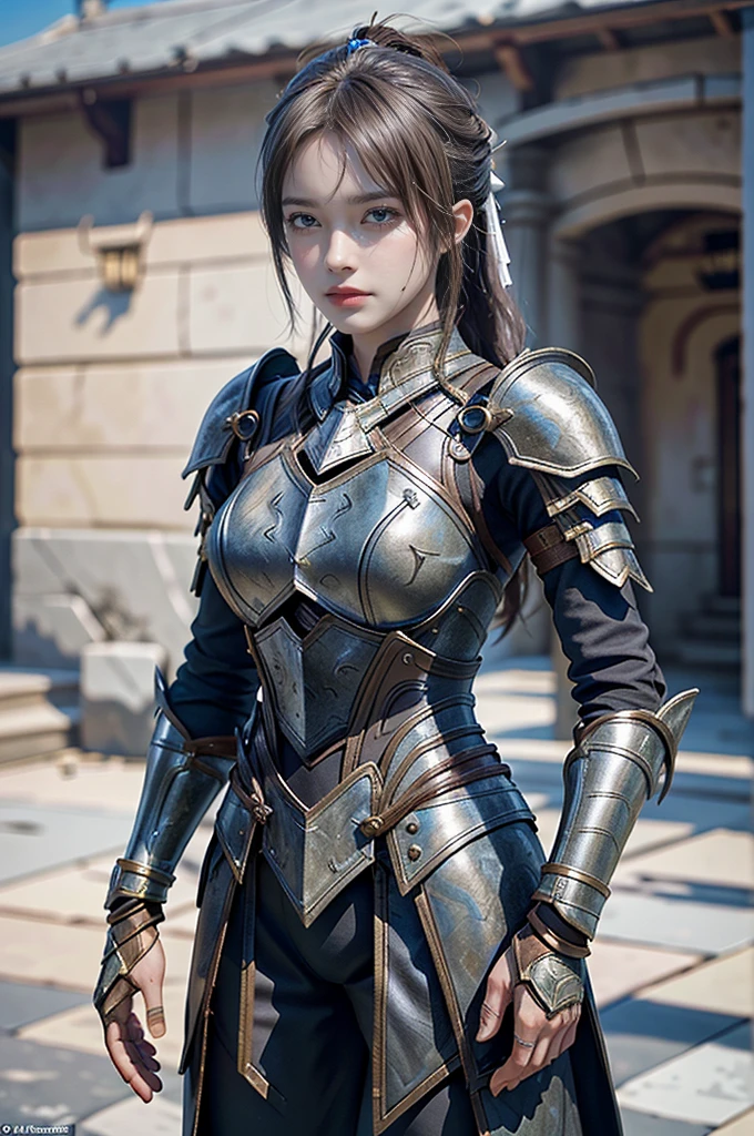Game Art，Best picture quality，Maximum resolution，8K，(A bust photo)，(portrait)，(Head close-up)，(Rule of Thirds)，Unreal Engine 5 rendering works， (Future Girl)，(Female Warrior)， 
20-year-old girl，((hunter))，Eyes full of details，(Large Breasts)，Elegant and noble，indifferent，brave，
（Medieval style fur combat uniform，glowing magic lines，Detailed animal leather female knight，medieval knight，
Photo poses，Simple background，light，Ray tracing，Game CG，((3D Unreal Engine))，oc rendering reflection pattern