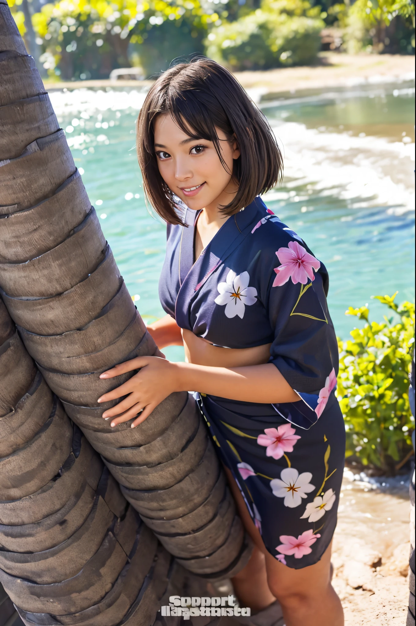 8k,high quality,high resolution,One woman,smile,(tall),whole body,young woman,Japanese,smile,Bobcut,Yukata,Pursing his lips,From above,,