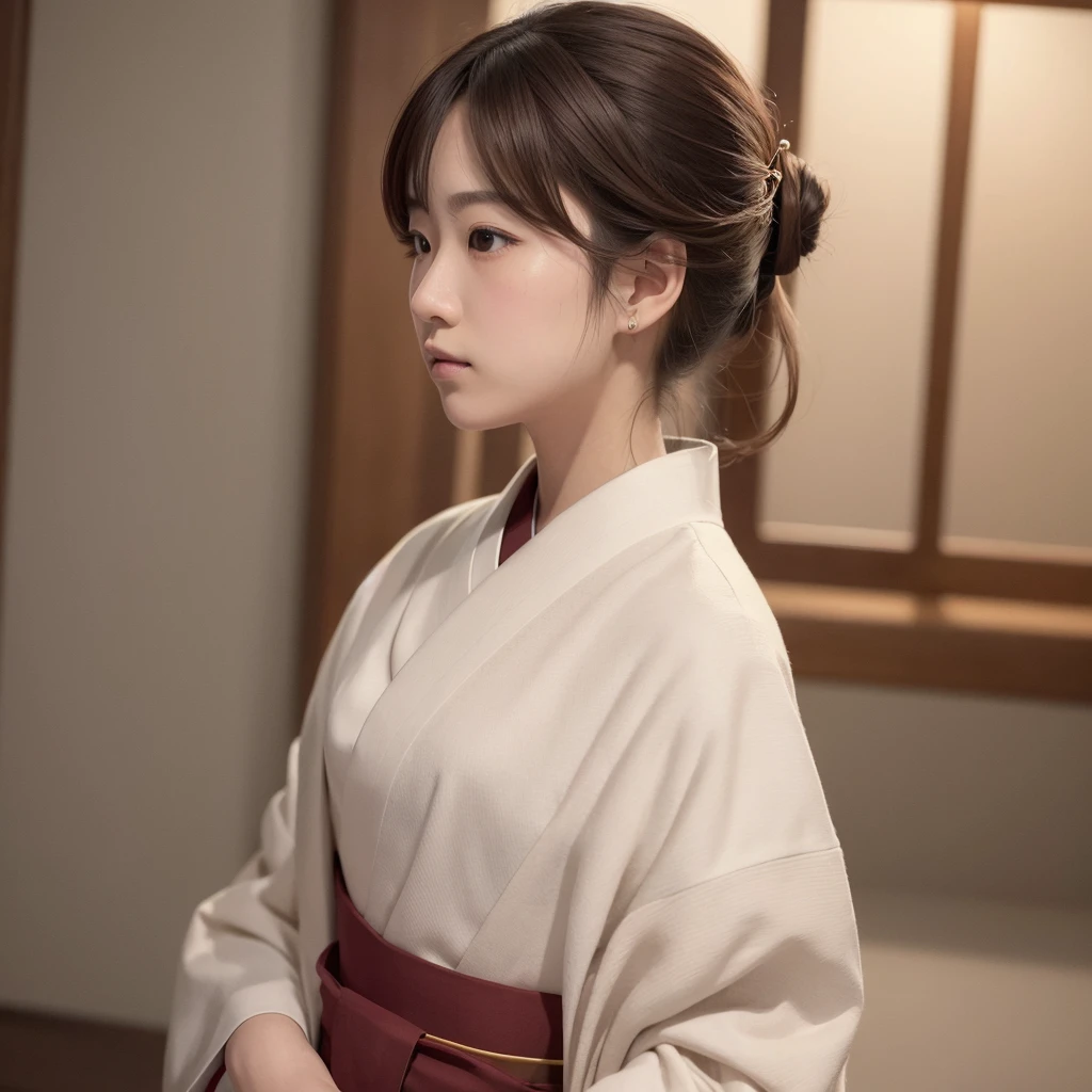 Create a portrait of a young woman in traditional Japanese clothing. She is elegant, Wearing warm-colored clothes, Her shoulder-length brown hair sways gently.. Her expression is soft、The face is tilted slightly so that the profile can be seen.。. The background is a blurry watercolor touch., Matches the color of the dress. The image should highlight the traditional beauty of Japan., Focused on an elegant and understated aesthetic.