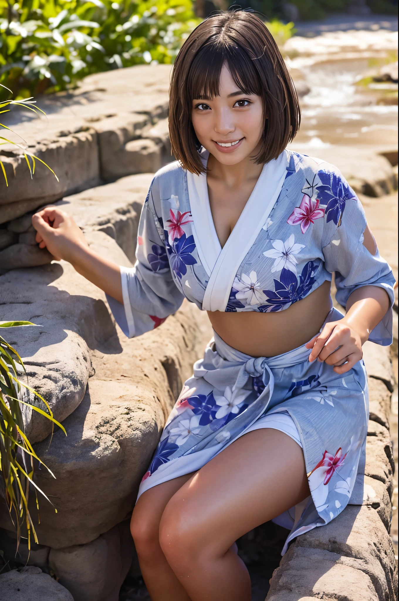 8k,high quality,high resolution,One woman,smile,(tall),whole body,young woman,Japanese,smile,Bobcut,Yukata,Pursing his lips,From above,,