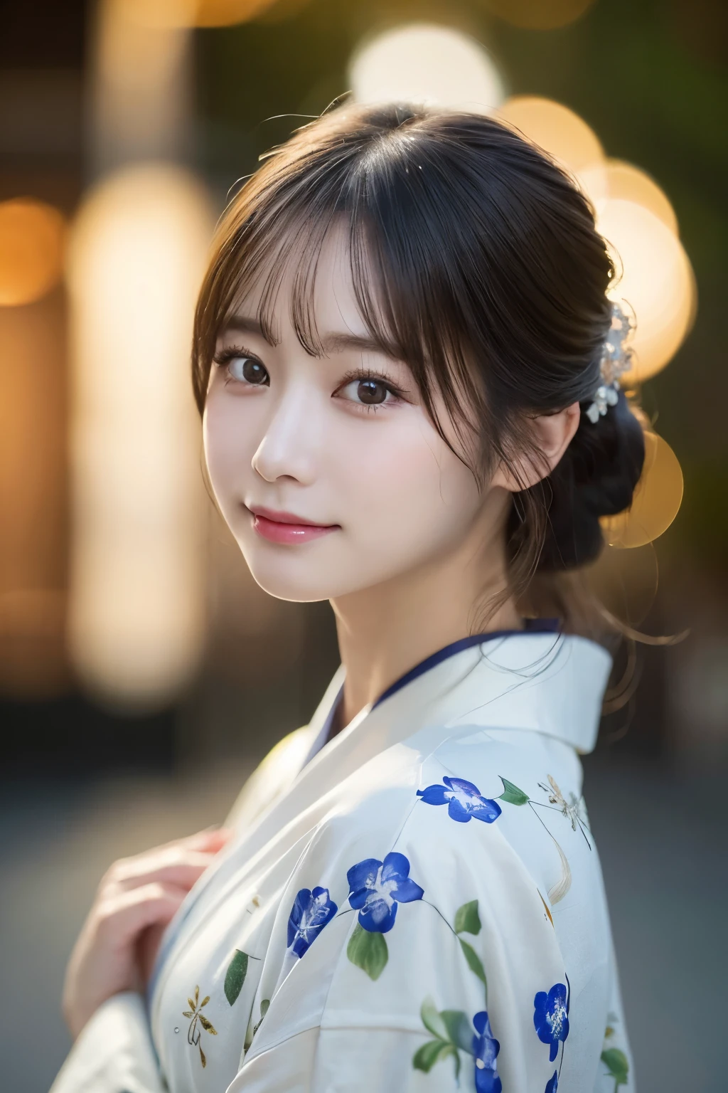 (kimono)、(highest quality、8k、High resolution、masterpiece:1.2)、Very detailed、(Realistic、photoRealistic、photo-Realistic:1.37)、Bokeh、Portraiture、No makeup、smile、(Beautiful and detailed eyes)、Detailed face、Depth of written boundary、chromatic aberration、Use natural light and color、Wide range of lighting、Natural Shading