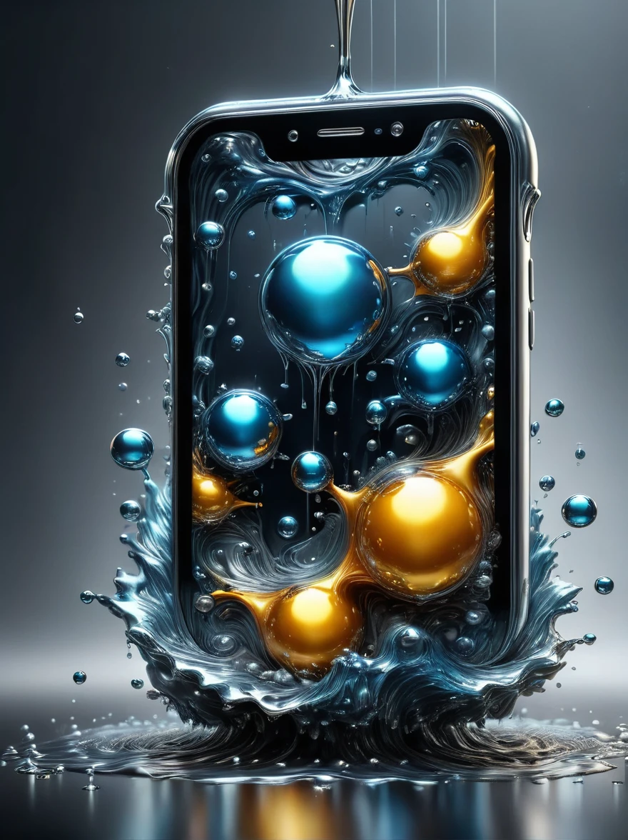 (A mobile phone made of liquid metal:1.5), Metal droplets, Falling metal rain, Metal water droplets, Shiny liquid metal, Reflective Surface, Dynamic Movement, Abstract Art, Futuristic design, Dystopian Cyberpunk,(Best quality，8k，high resolution，masterpiece:1.2)，Ultra Detailed，(Reality, 1.4 times more realism), HDR，UHD，Studio Lighting，Super Fine，Sharp Focus，Physically Based Rendering，Extremely detailed description，major，Vibrant colors, major棚拍照明, Super Fine, High Definition, Physically Based Rendering, Extremely detailed description, major级, Vivid colors, General lighting