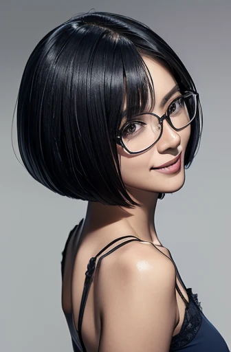 (masterpiece), (8k, best quality, high resolution), (ultra-detailed, realistic), (anatomically correct),
((from above)), ((look up and see the viewer)),
((face close-up)), (Standing), (((looking back))), (No background),
(1woman), (show your back),
(A Japanese woman, 30 years old and 155cm tall.),
((Wear a navy blue tunic camisole)), ((A camisole without decoration.)),
(black hair), (straight hair), (short hair style), ((bob cut)),
(wear glasses), (black square cell glasses),
((smile broadly)),
(Her impression is pure, clean and kind.),