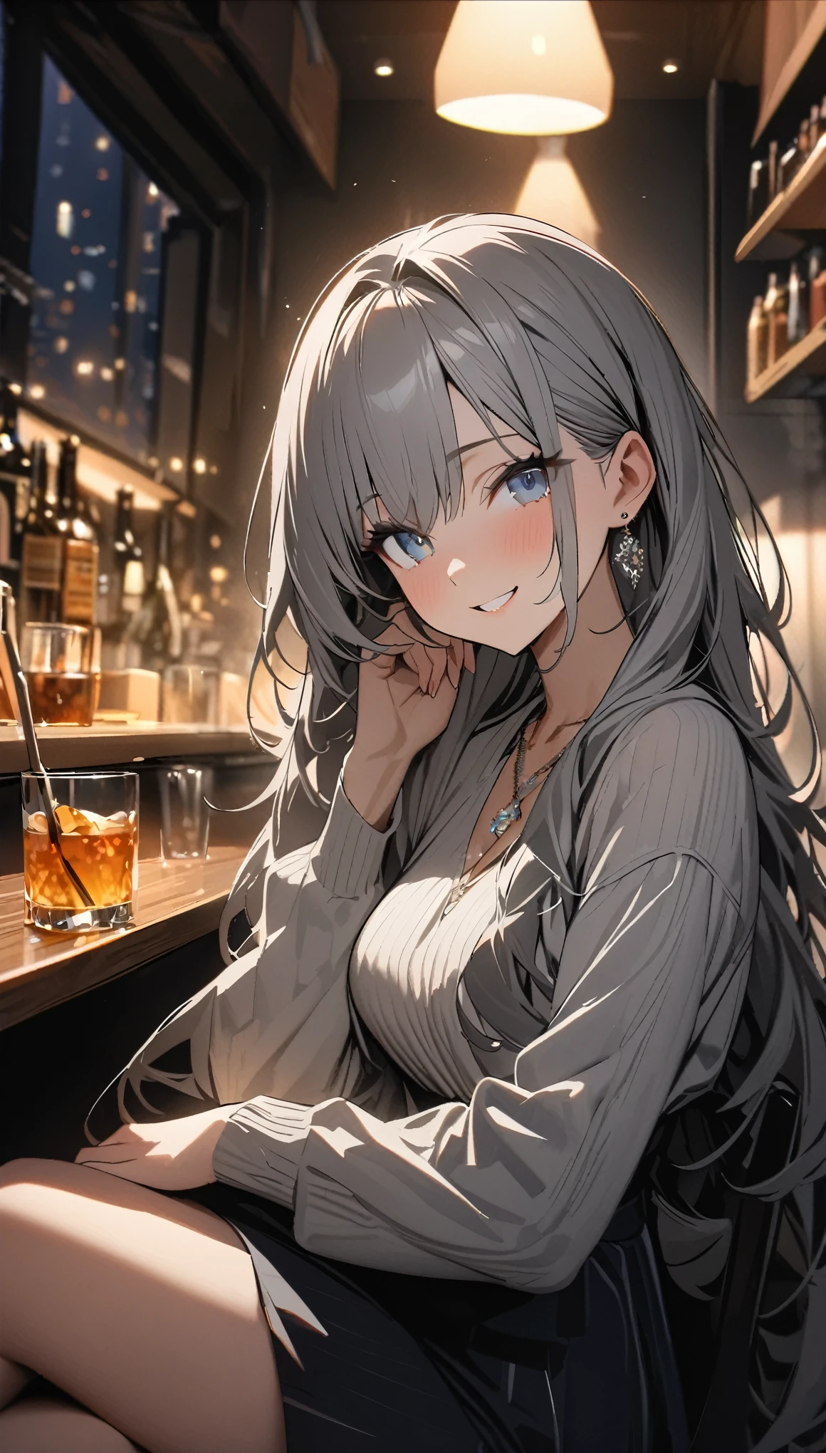 masterpiece, highest quality, Ultra-high resolution, Ultra-fine, 4K, 8k, highest quality, beautiful, Cute Woman, alone, (beautiful,Gray Hair, beautiful eyes, Long Hair, smile), bar,Crossing your legs,night,necklace, Earrings, accessories,glass,Great lighting,Excellent resolution,, Audio Notes