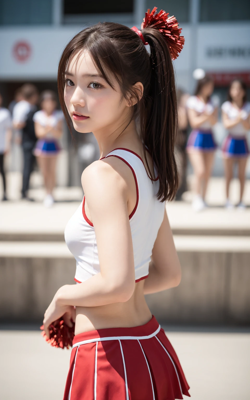 (8k、live-action、Raw photo、highest quality、masterpiece:1.2),(Outdoors),((Perfect lighting)),(濡れたhair),Watching the audience,Sexy pose, cute笑顔,18-year-old,student,White skin,knees,Small Face,前hairを真ん中から分けます、The forehead is visible,skinny,skinny)、masterpiece,highest quality、超A high resolution,one person, solo,Close-up shot、cute、Back to Students,(Red cheerleader outfit:1.3),High school girl,Japanese women,(フォトReal:1.37)、Photon Mapping,Realistic、cuteSmall Face,Brown eyes、prospect、Depth of written boundary、Blurred Background、Real,(前hairが見える), hair, kneesが見える, thigh,(Nogizaka Idol), actress、Big and ample breasts、Cleavage、Super fine、Low people、(Skin with visible pores:1.2)、(Focus on the face)、8 heads、Natural neck、Check and correct the skeleton
