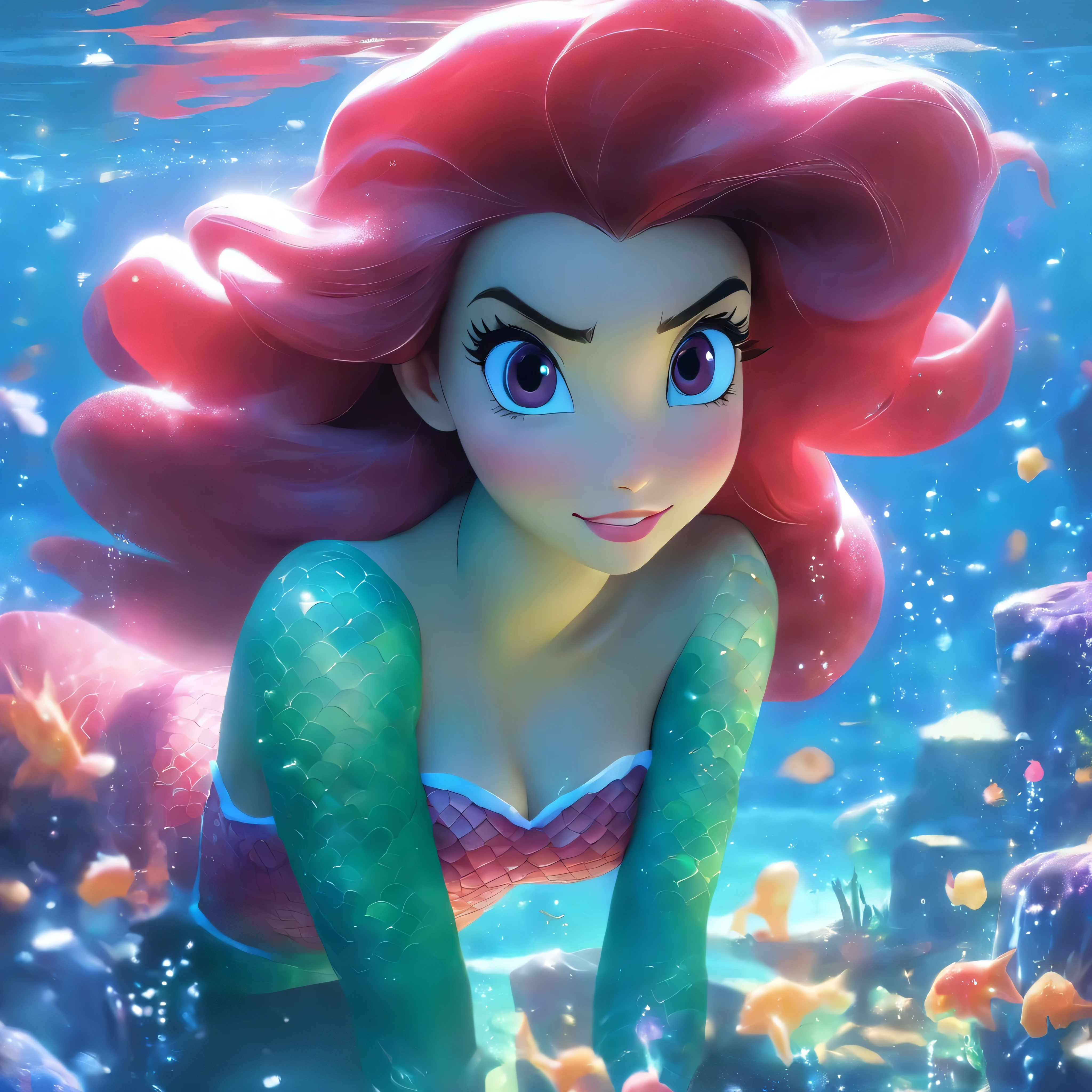 HighestQuali，tmasterpiece：1.2，Detailed details，A -yeld wo dressed up as a portrait of Ariel the Little Mermaid of Disney，Exquisite facial features，She held a starfish in her hand，She sits by the sea，There is foam everywhere