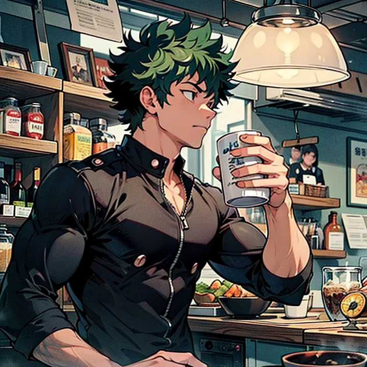 Strong adult version of Izuku Midoriya, sostiene una taza de cafe caliente con su mano derecha. Mientras observa con calma hacia la cuarta pared, sentado en el comedor