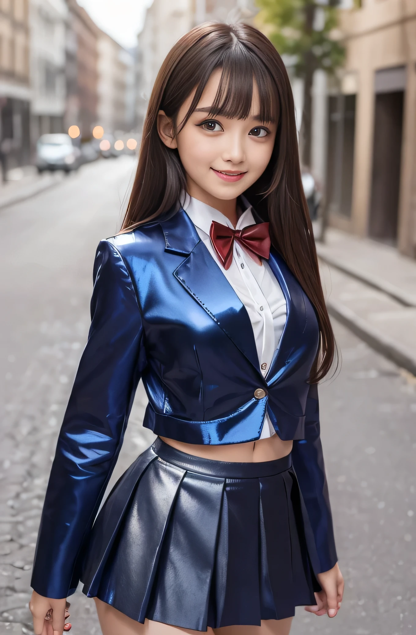 Angelic Very beautiful cute young girl, Beautiful detailed eyes, Detailed double eyelids, (Large eyes:1.3), Long straight brown hair, see-through bangs, beautiful detailed face and eyes, small straight nose,(14 yo:1.3),
smiling, BREAK (super shiny metallic dark blue blazer:1.4),(metallic pearl white school blouse:1.3),(shiny metallic bright pink neck ribbon tie:1.2),(super shiny metallic pink pleated skirt :1.4),(school uniform with super reflective surfaces:1.5),(Very beautiful cute girl:1.2), Very beautiful cute young girl, Beautiful detailed eyes, Detailed double eyelids, (Large eyes:1.3), Long straight brown hair, see-through bangs, beautiful detailed face and eyes, laughing, super shiny dark blue pleated skirt:1.1),break
(Very beautiful cute girl, Beautiful detailed eyes, Detailed double eyelids:1.3), (Soft Saturation: 1.3), (Fair skin: 1.4), (Large eyes:1.4), break
Very beautiful cute girl, Sharp Focus, brown hair, Very beautiful cute girl, Raw photo, High resolution, perfect detail, Professional Photography, Professional Lighting, strong lighting,
break
(smile:1.6)